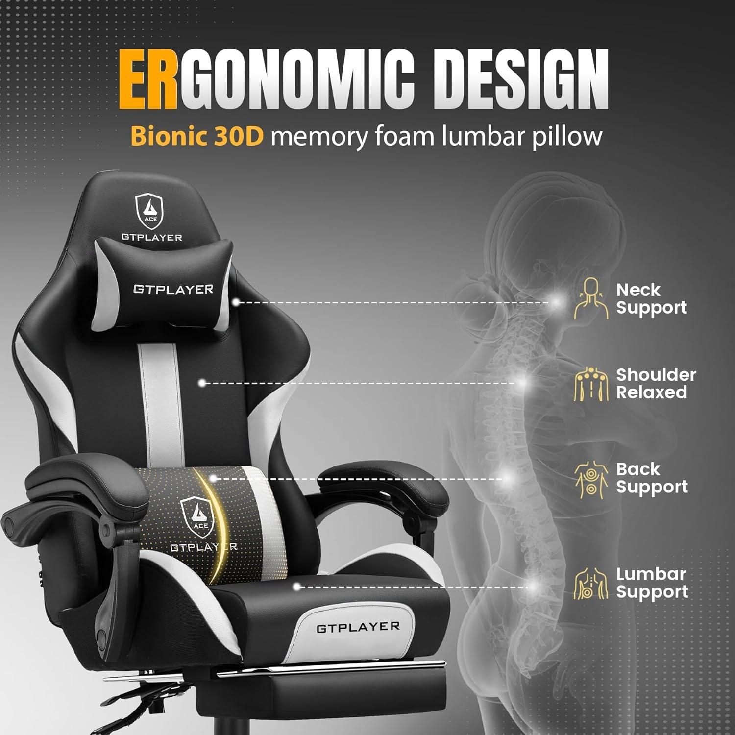 image:imageGTPLAYER Gaming Chair with Foot Rest amp Pocket Spring Cushion Ergonomic High Back Computer Chair with Headrest amp 360Swivel Seat for Home Office Desk PU Leather PinkWhiteblack
