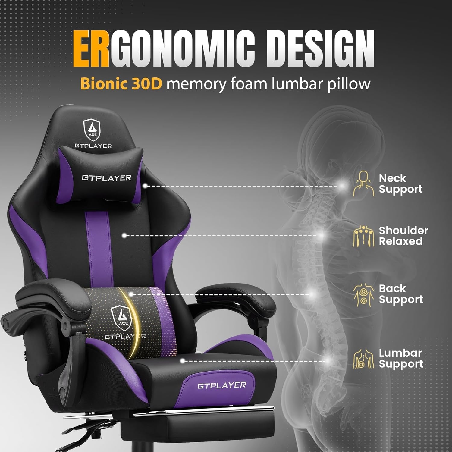 image:imageGTPLAYER Gaming Chair with Foot Rest amp Pocket Spring Cushion Ergonomic High Back Computer Chair with Headrest amp 360Swivel Seat for Home Office Desk PU Leather PinkPurple