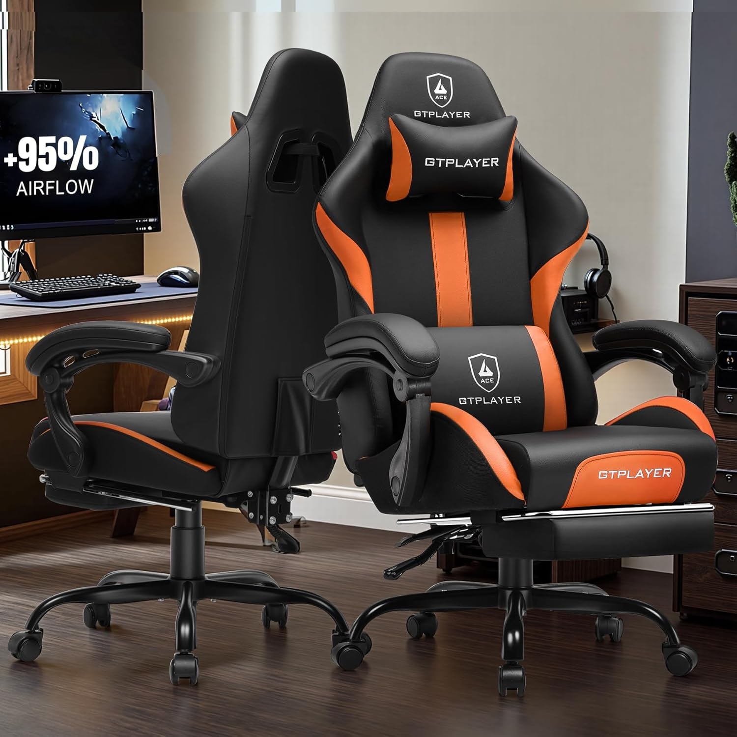 image:imageGTPLAYER Gaming Chair with Foot Rest amp Pocket Spring Cushion Ergonomic High Back Computer Chair with Headrest amp 360Swivel Seat for Home Office Desk PU Leather PinkOrange