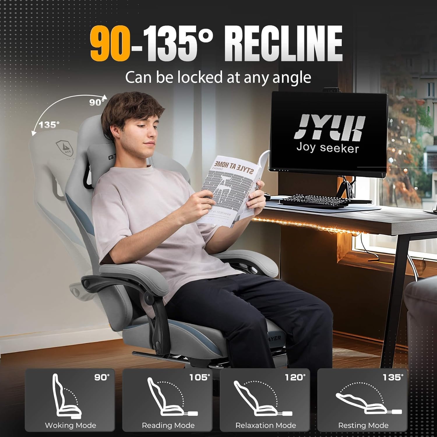 image:imageGTPLAYER Gaming Chair with Foot Rest amp Pocket Spring Cushion Ergonomic High Back Computer Chair with Headrest amp 360Swivel Seat for Home Office Desk PU Leather PinkBluegray