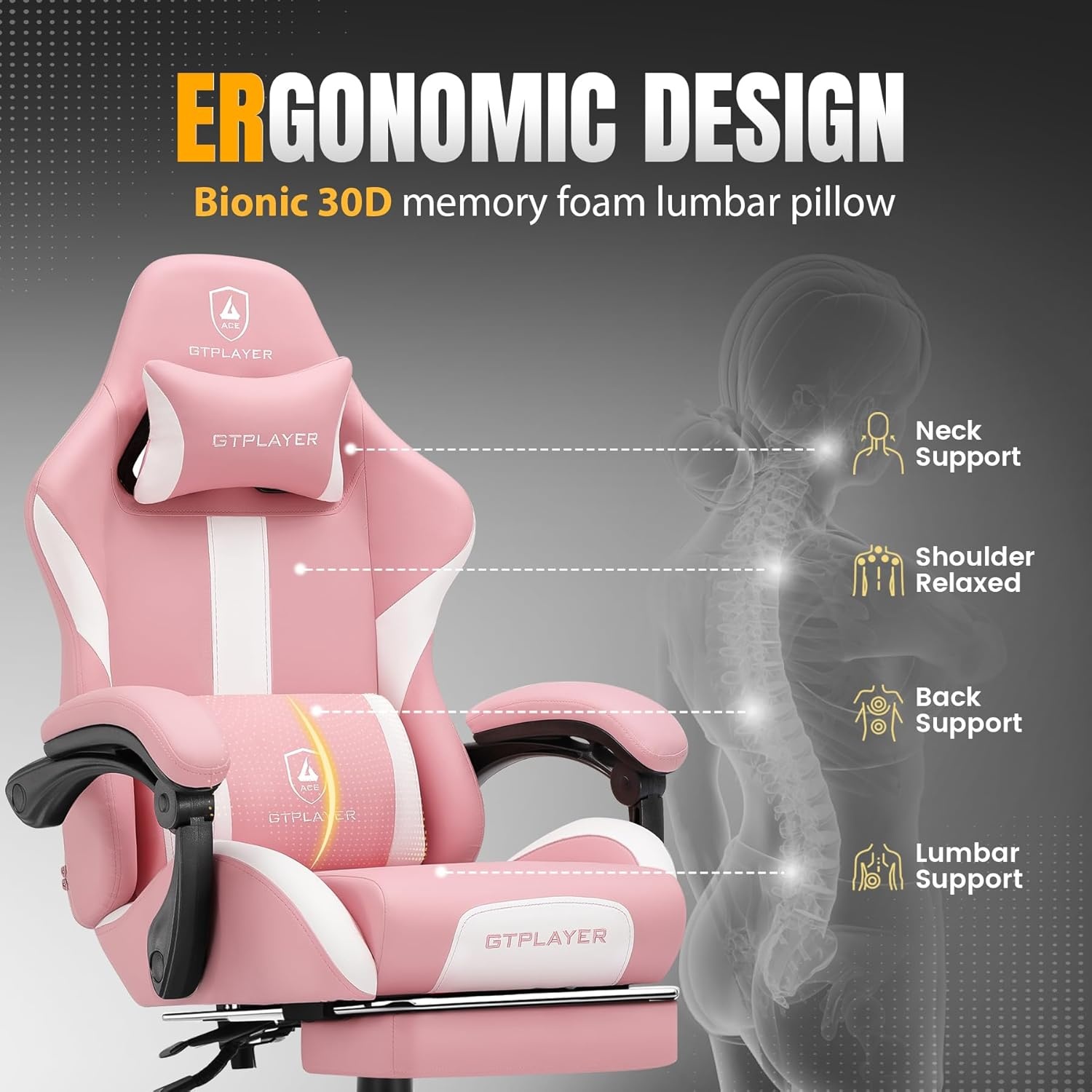 image:imageGTPLAYER Gaming Chair with Foot Rest amp Pocket Spring Cushion Ergonomic High Back Computer Chair with Headrest amp 360Swivel Seat for Home Office Desk PU Leather PinkPink
