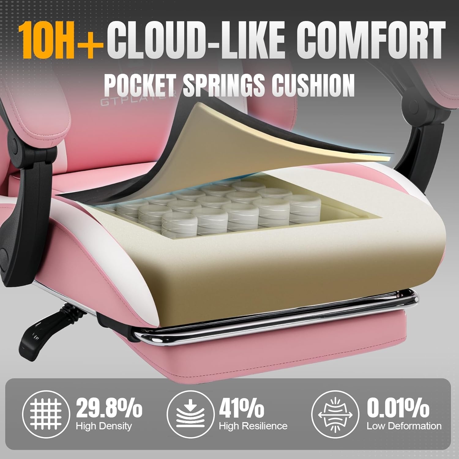 image:imageGTPLAYER Gaming Chair with Foot Rest amp Pocket Spring Cushion Ergonomic High Back Computer Chair with Headrest amp 360Swivel Seat for Home Office Desk PU Leather PinkPink
