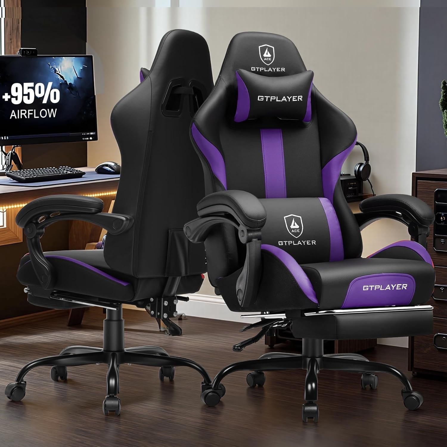 image:imageGTPLAYER Gaming Chair with Foot Rest amp Pocket Spring Cushion Ergonomic High Back Computer Chair with Headrest amp 360Swivel Seat for Home Office Desk PU Leather PinkPurple