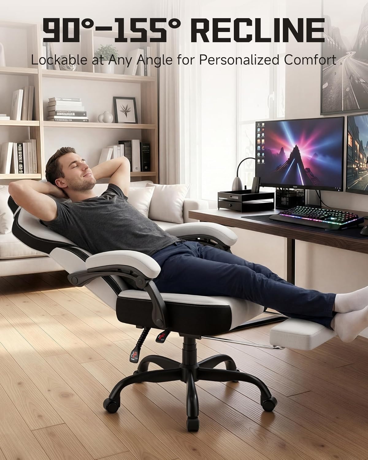 image:imageGTPLAYER Gaming Chairs for Adult Ergonomic Big amp Tall Gaming Seat with Footrest amp Lumbar Support Comfortable Office Chair 90155 Reclining Heavy Duty Wide Computer Seat BlueBright Grey