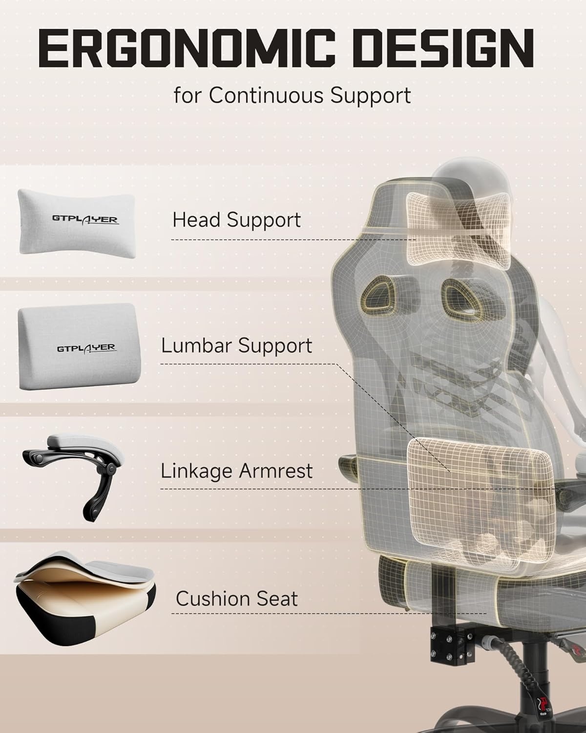 image:imageGTPLAYER Gaming Chairs for Adult Ergonomic Big amp Tall Gaming Seat with Footrest amp Lumbar Support Comfortable Office Chair 90155 Reclining Heavy Duty Wide Computer Seat BlueBright Grey