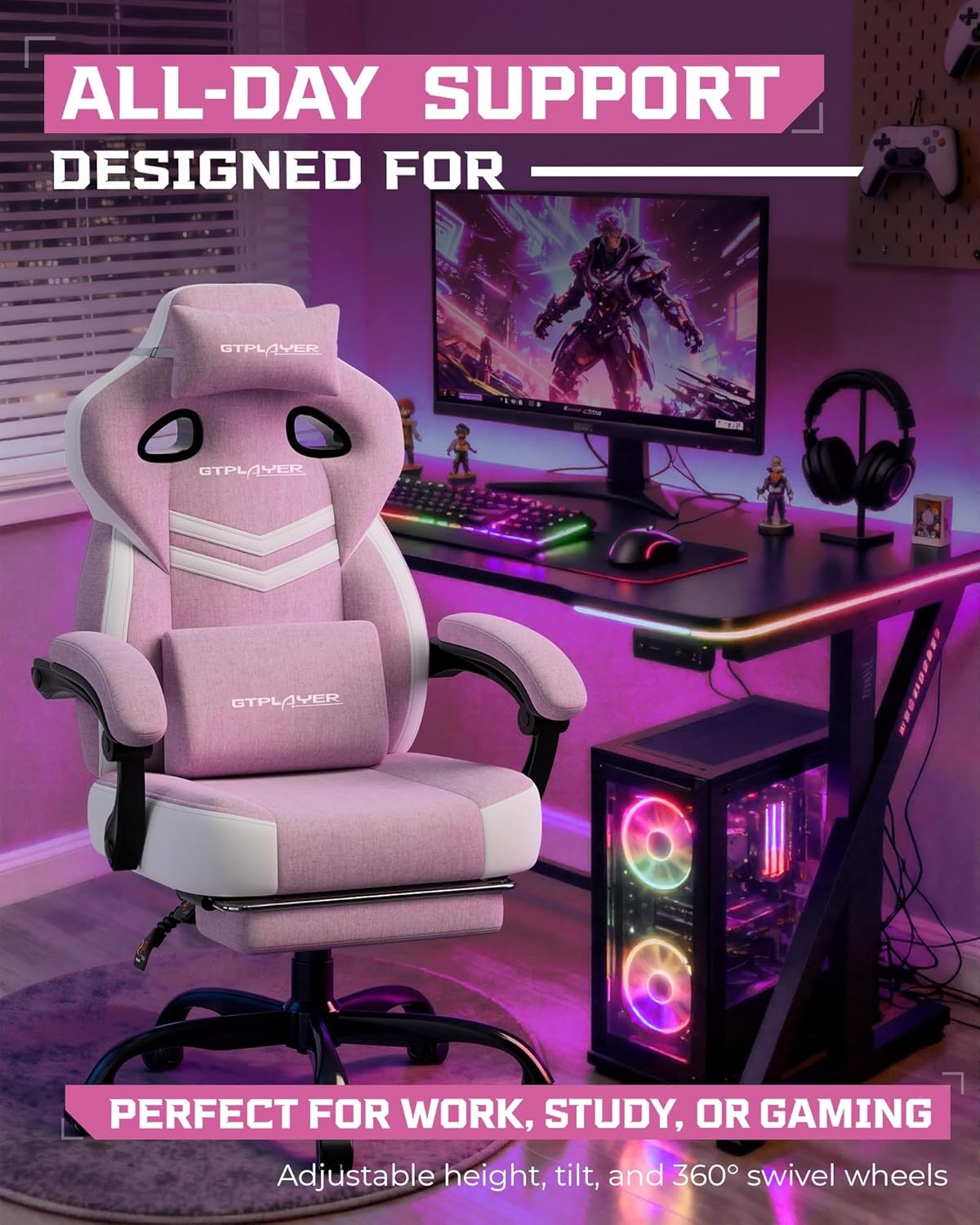 image:imageGTPLAYER Gaming Chairs for Adult Ergonomic Big amp Tall Gaming Seat with Footrest amp Lumbar Support Comfortable Office Chair 90155 Reclining Heavy Duty Wide Computer Seat BluePink