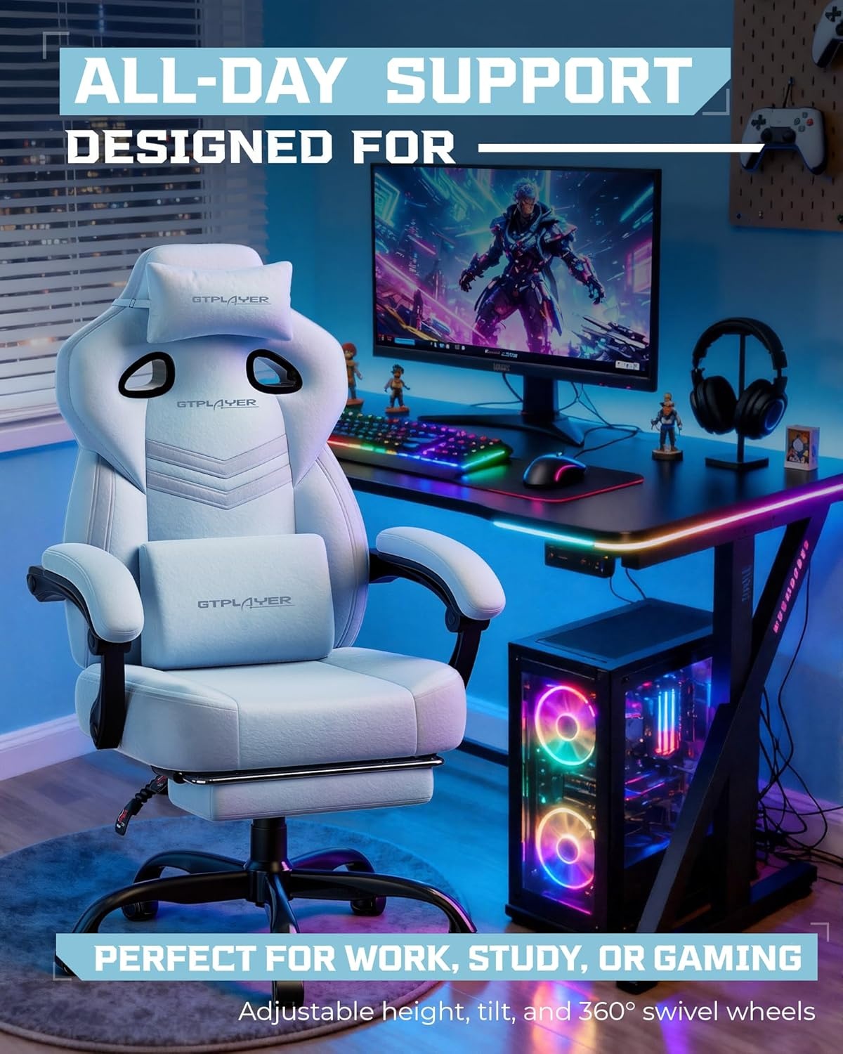 image:imageGTPLAYER Gaming Chairs for Adult Ergonomic Big amp Tall Gaming Seat with Footrest amp Lumbar Support Comfortable Office Chair 90155 Reclining Heavy Duty Wide Computer Seat BlueBlue