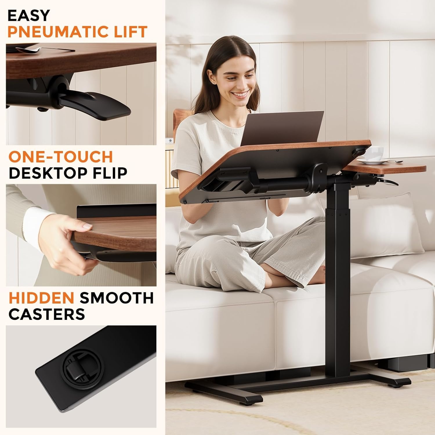 image:imageGTPLAYER Overbed Bedside Table with WheelsTiltable Hospital Bed Table Over The Bed Pneumatic Adjustable Rolling Laptop Desk Mobile Standing Desk for Hospital and Home Use WalnutWalnut