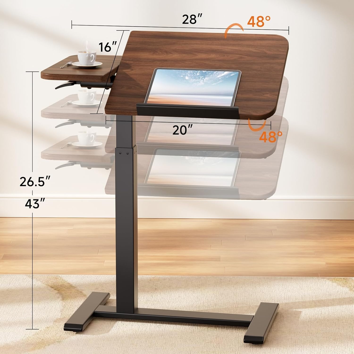 image:imageGTPLAYER Overbed Bedside Table with WheelsTiltable Hospital Bed Table Over The Bed Pneumatic Adjustable Rolling Laptop Desk Mobile Standing Desk for Hospital and Home Use WalnutWalnut