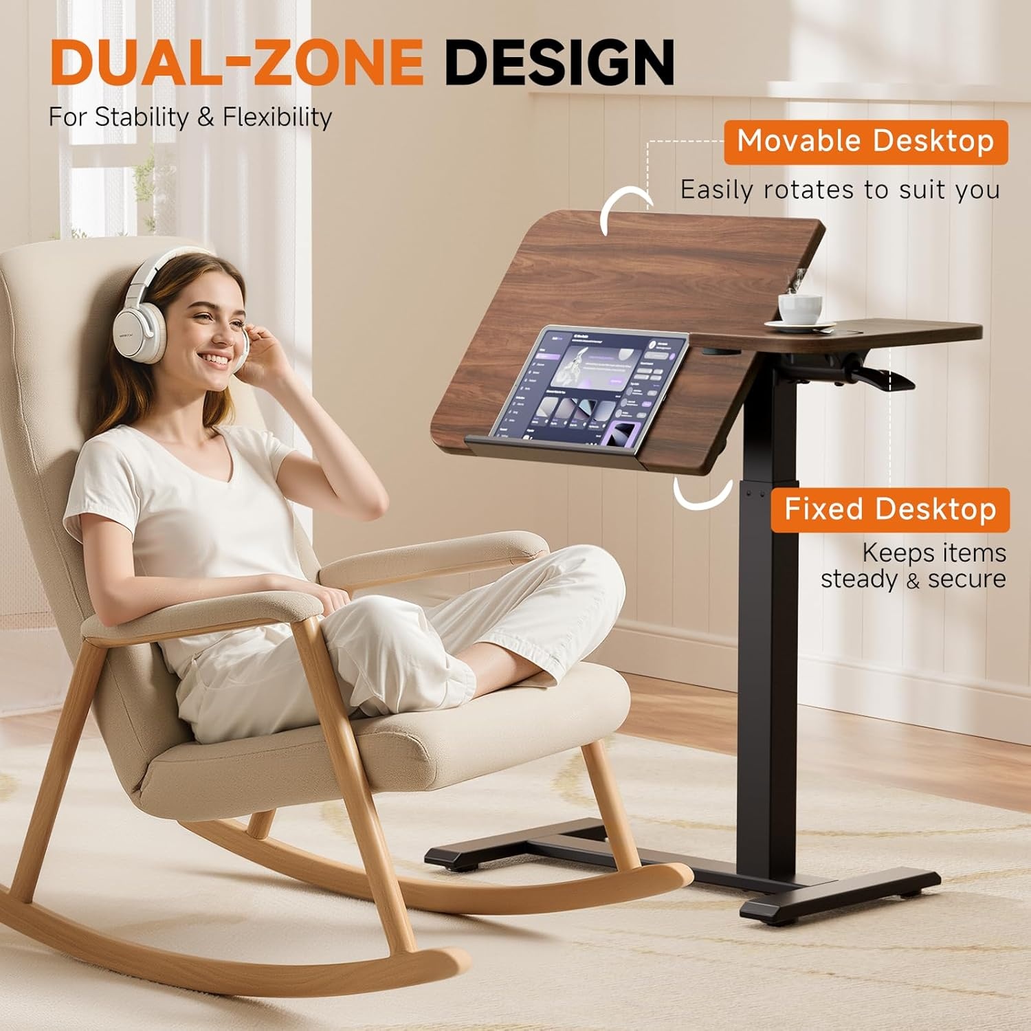 image:imageGTPLAYER Overbed Bedside Table with WheelsTiltable Hospital Bed Table Over The Bed Pneumatic Adjustable Rolling Laptop Desk Mobile Standing Desk for Hospital and Home Use WalnutWalnut