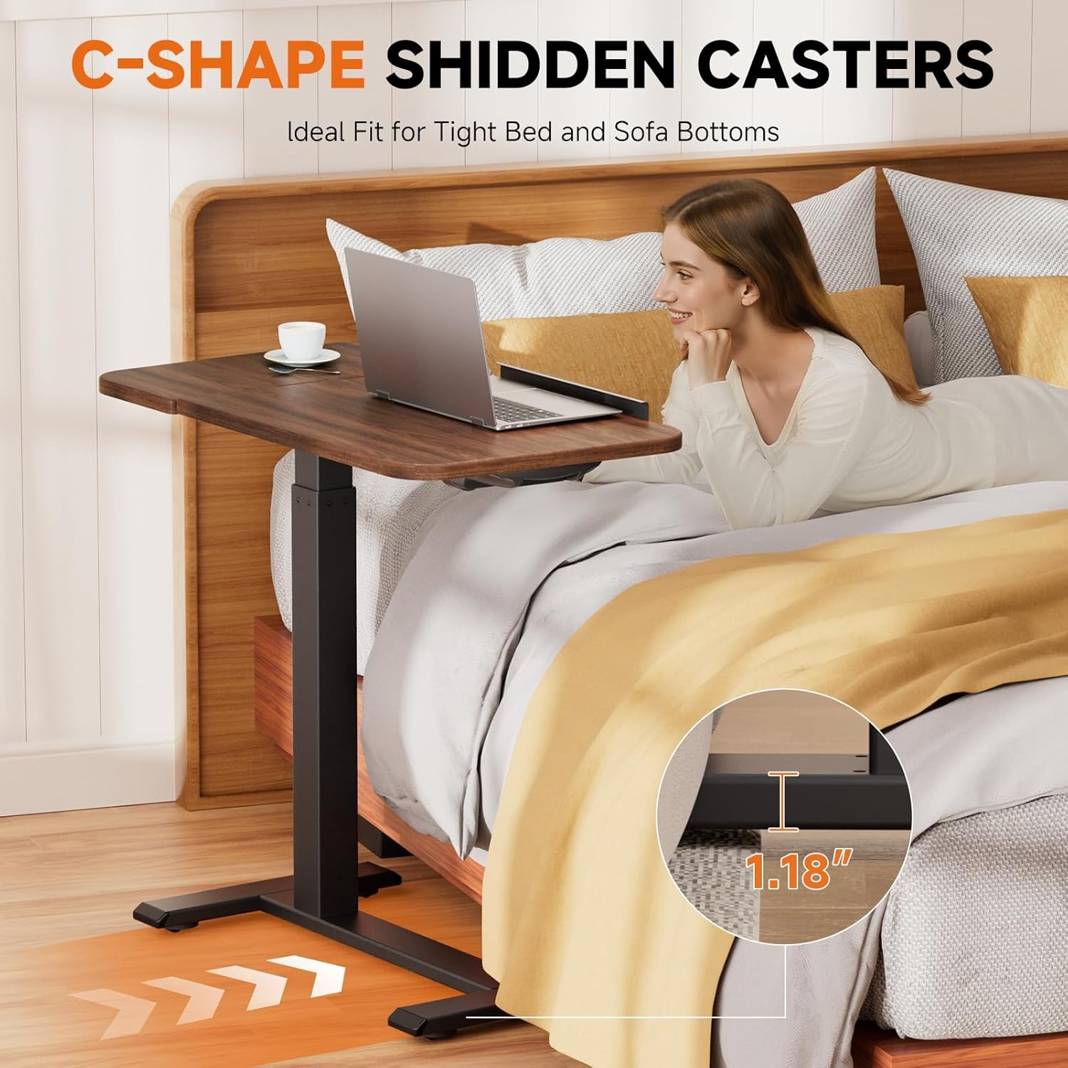 image:imageGTPLAYER Overbed Bedside Table with WheelsTiltable Hospital Bed Table Over The Bed Pneumatic Adjustable Rolling Laptop Desk Mobile Standing Desk for Hospital and Home Use WalnutWalnut
