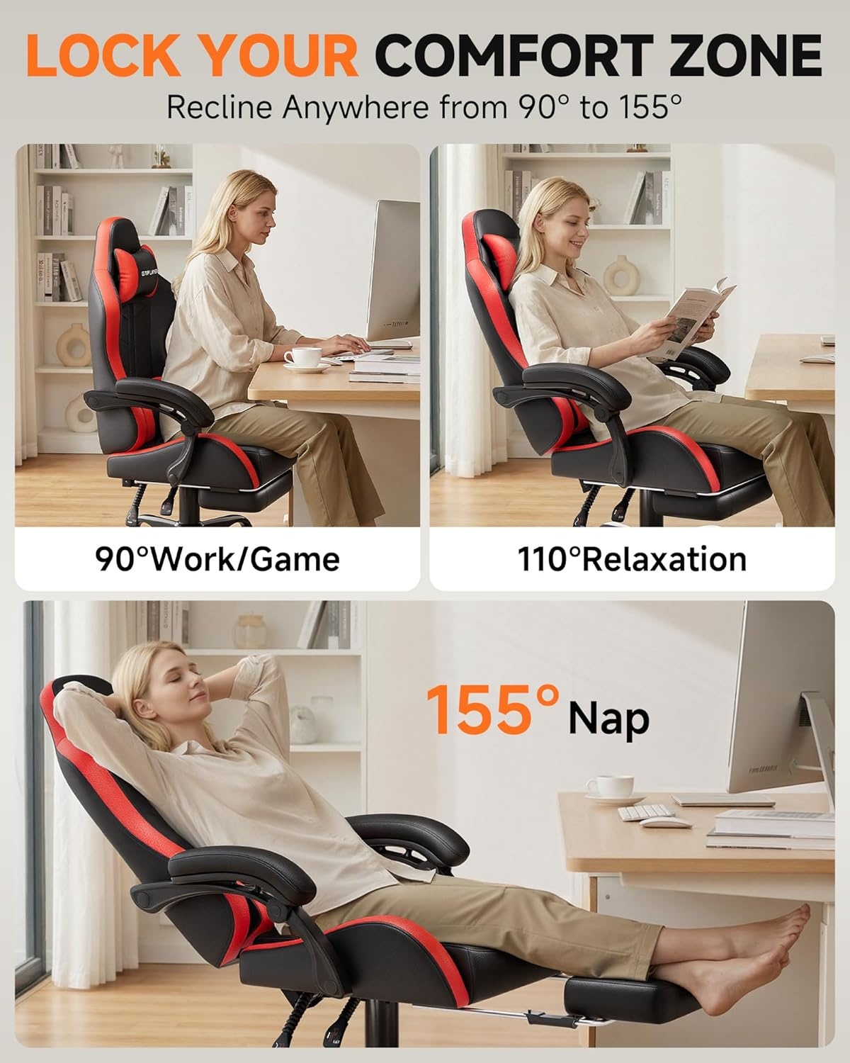 image:imageGTPLAYER RGB Gaming Chair with Footrest Computer Gaming Chair with LED Lights for Adults Height Adjustable PC Gamer Chair with 90155 Recline amp Removable Headrest Lumbar Support RGB Black4 Redblack