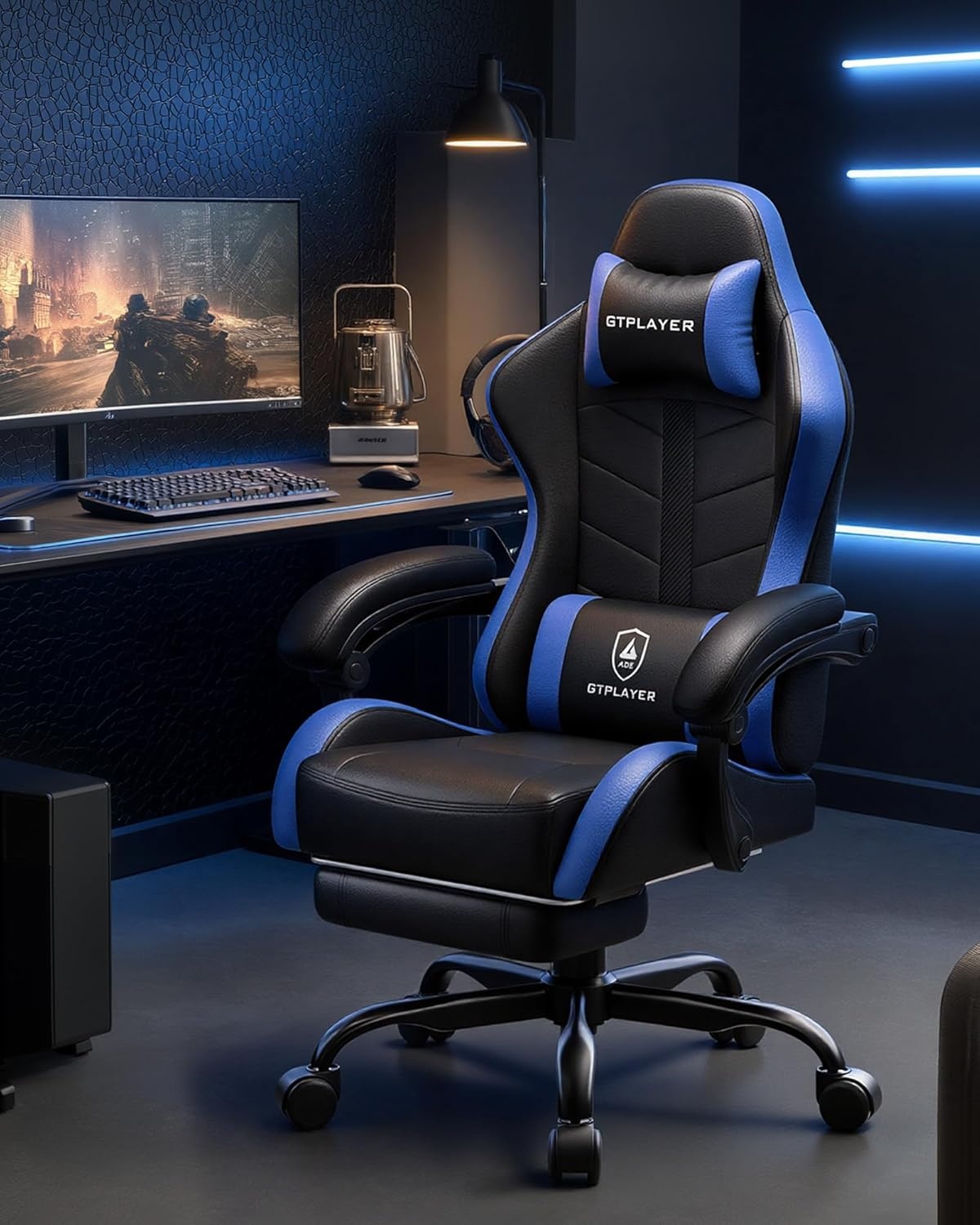 image:imageGTPLAYER RGB Gaming Chair with Footrest Computer Gaming Chair with LED Lights for Adults Height Adjustable PC Gamer Chair with 90155 Recline amp Removable Headrest Lumbar Support RGB Black13 Dark Blackblue