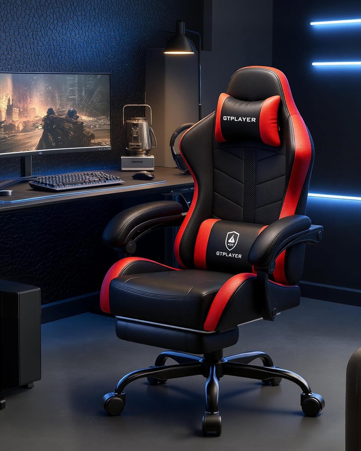 image:imageGTPLAYER RGB Gaming Chair with Footrest Computer Gaming Chair with LED Lights for Adults Height Adjustable PC Gamer Chair with 90155 Recline amp Removable Headrest Lumbar Support RGB Black4 Redblack