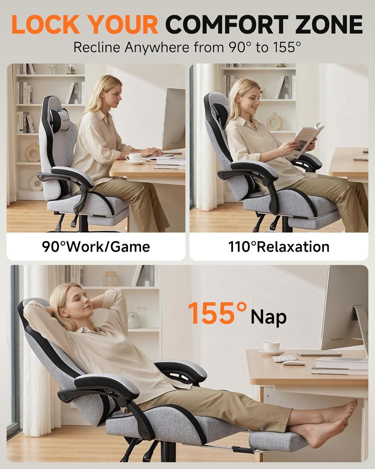 image:imageGTPLAYER RGB Gaming Chair with Footrest Computer Gaming Chair with LED Lights for Adults Height Adjustable PC Gamer Chair with 90155 Recline amp Removable Headrest Lumbar Support RGB Black8 Linen Fabric Grayblack