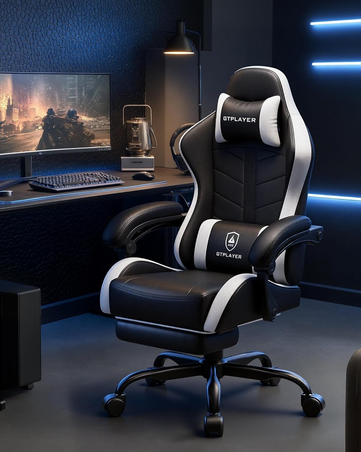 image:imageGTPLAYER RGB Gaming Chair with Footrest Computer Gaming Chair with LED Lights for Adults Height Adjustable PC Gamer Chair with 90155 Recline amp Removable Headrest Lumbar Support RGB Black11 Pearl White