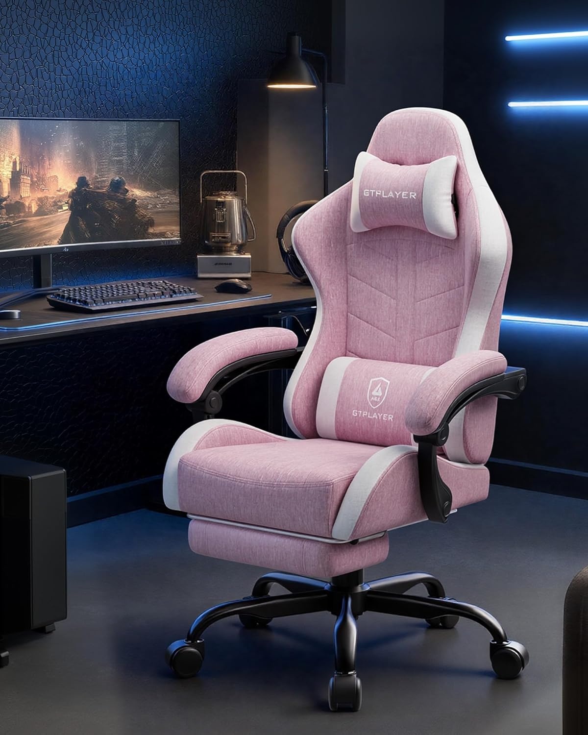 image:imageGTPLAYER RGB Gaming Chair with Footrest Computer Gaming Chair with LED Lights for Adults Height Adjustable PC Gamer Chair with 90155 Recline amp Removable Headrest Lumbar Support RGB Black9 Linen Fabric Pink