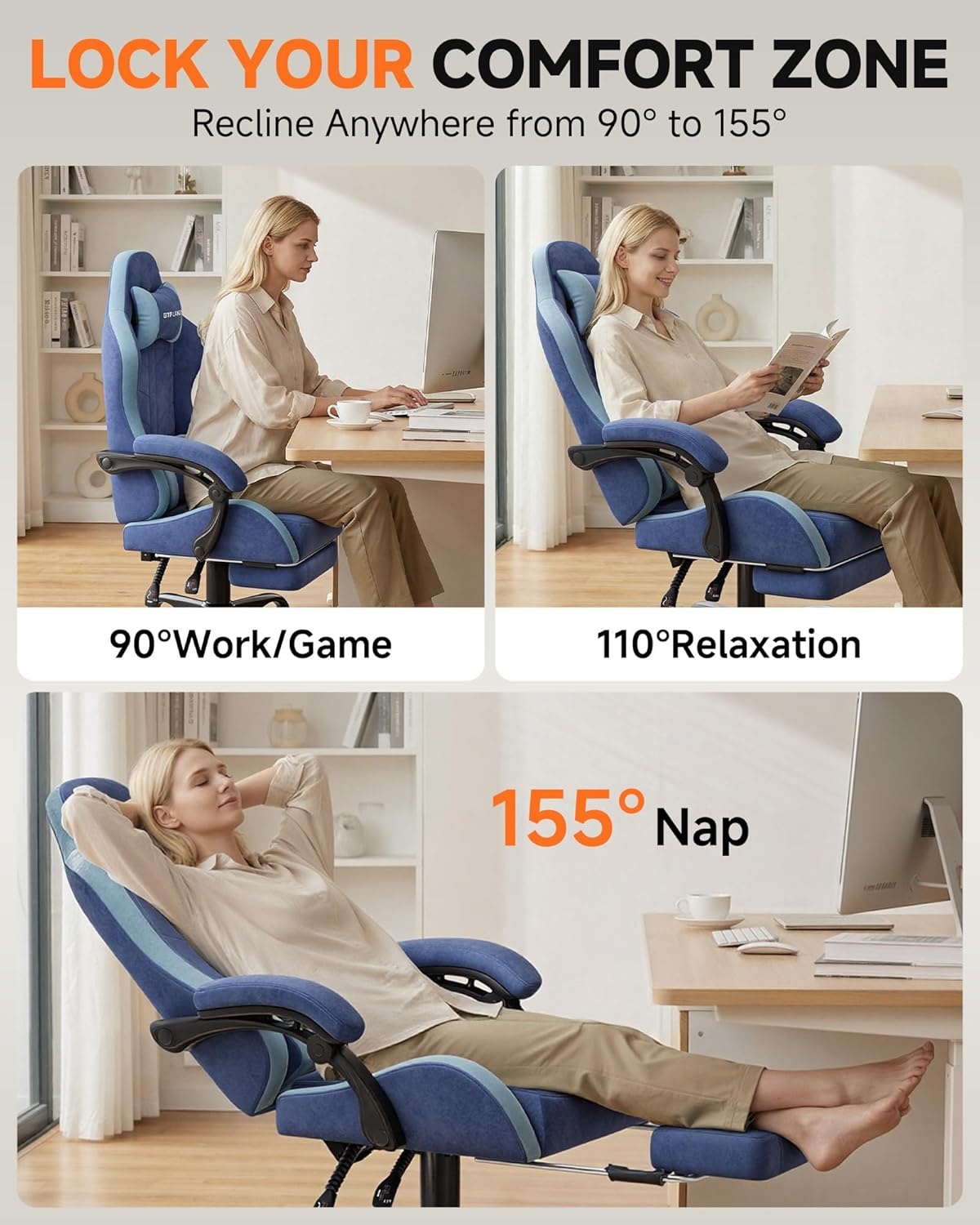 image:imageGTPLAYER RGB Gaming Chair with Footrest Computer Gaming Chair with LED Lights for Adults Height Adjustable PC Gamer Chair with 90155 Recline amp Removable Headrest Lumbar Support RGB Black7 Performance Fabric Blue