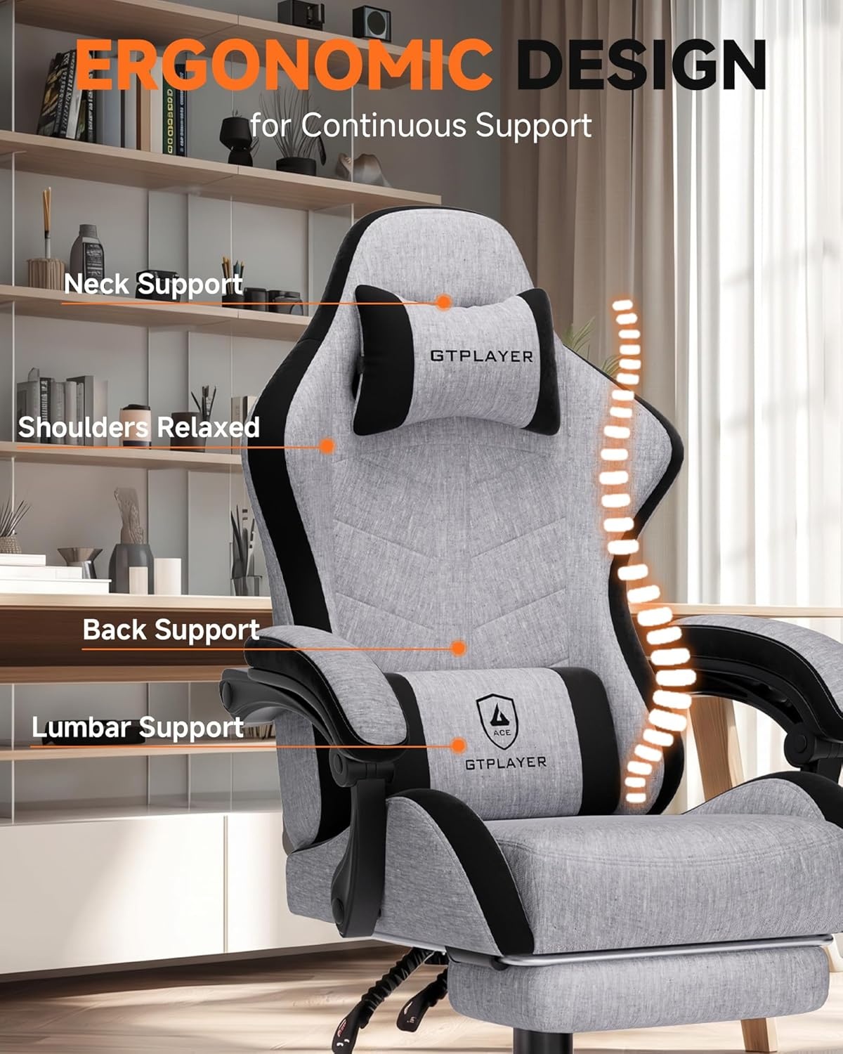image:imageGTPLAYER RGB Gaming Chair with Footrest Computer Gaming Chair with LED Lights for Adults Height Adjustable PC Gamer Chair with 90155 Recline amp Removable Headrest Lumbar Support RGB Black8 Linen Fabric Grayblack