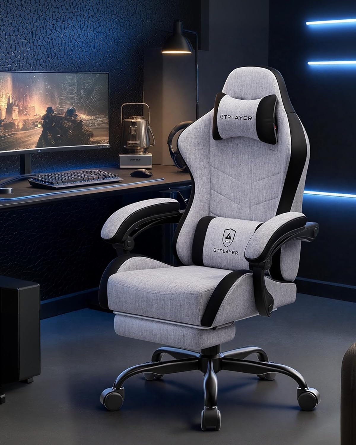 image:imageGTPLAYER RGB Gaming Chair with Footrest Computer Gaming Chair with LED Lights for Adults Height Adjustable PC Gamer Chair with 90155 Recline amp Removable Headrest Lumbar Support RGB Black8 Linen Fabric Grayblack