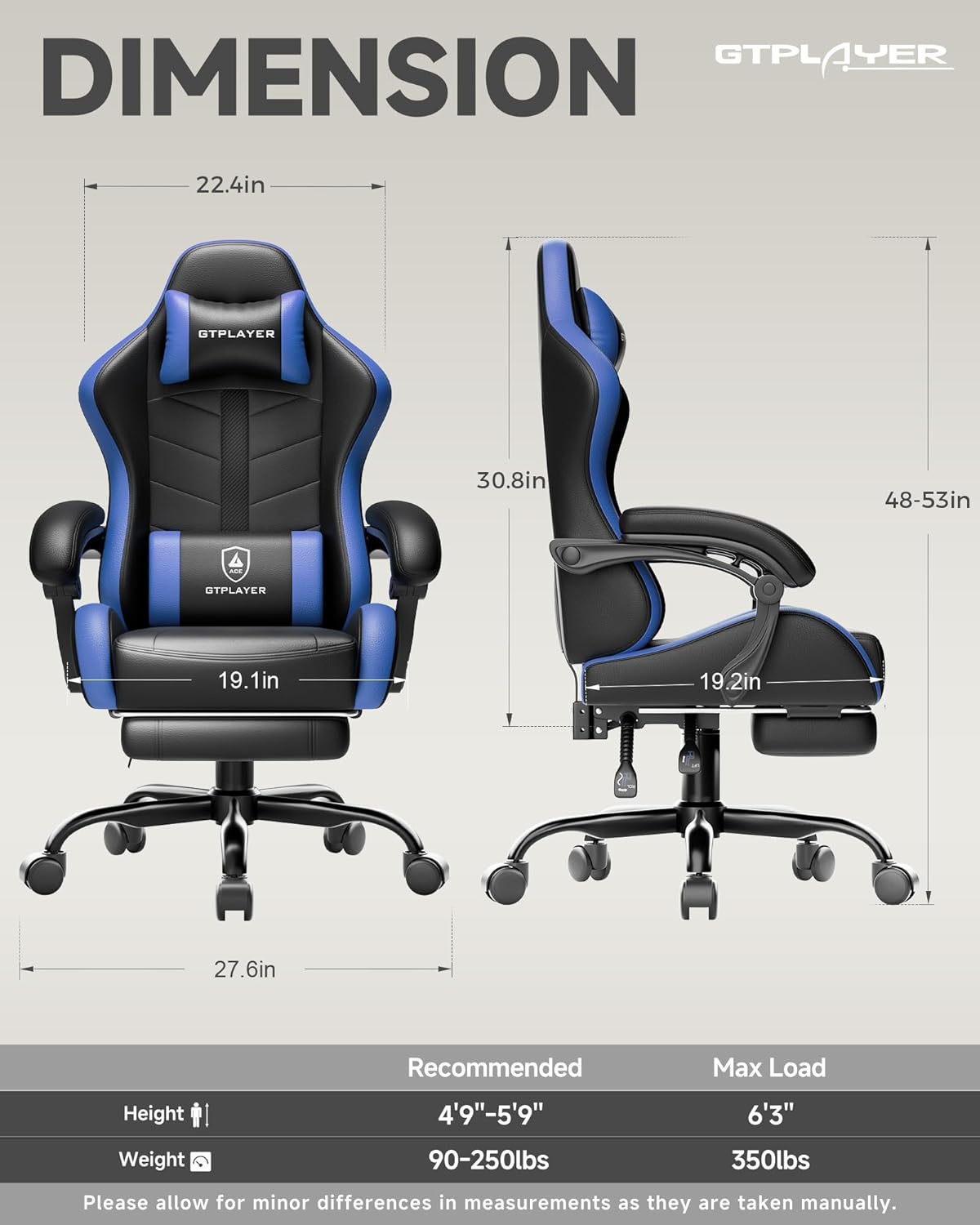 image:imageGTPLAYER RGB Gaming Chair with Footrest Computer Gaming Chair with LED Lights for Adults Height Adjustable PC Gamer Chair with 90155 Recline amp Removable Headrest Lumbar Support RGB Black13 Dark Blackblue