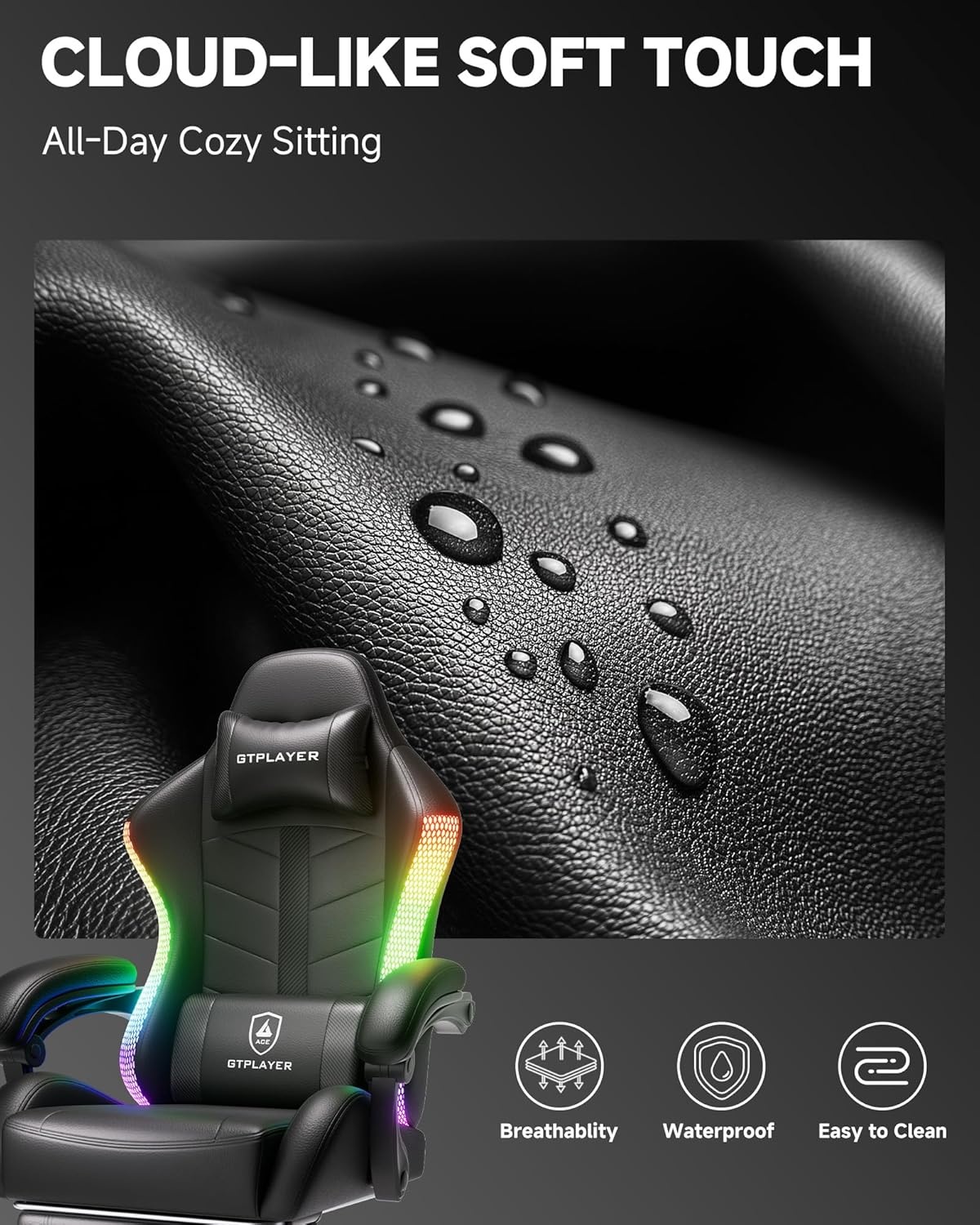 image:imageGTPLAYER RGB Gaming Chair with Footrest Computer Gaming Chair with LED Lights for Adults Height Adjustable PC Gamer Chair with 90155 Recline amp Removable Headrest Lumbar Support RGB Black10 Rgb Black