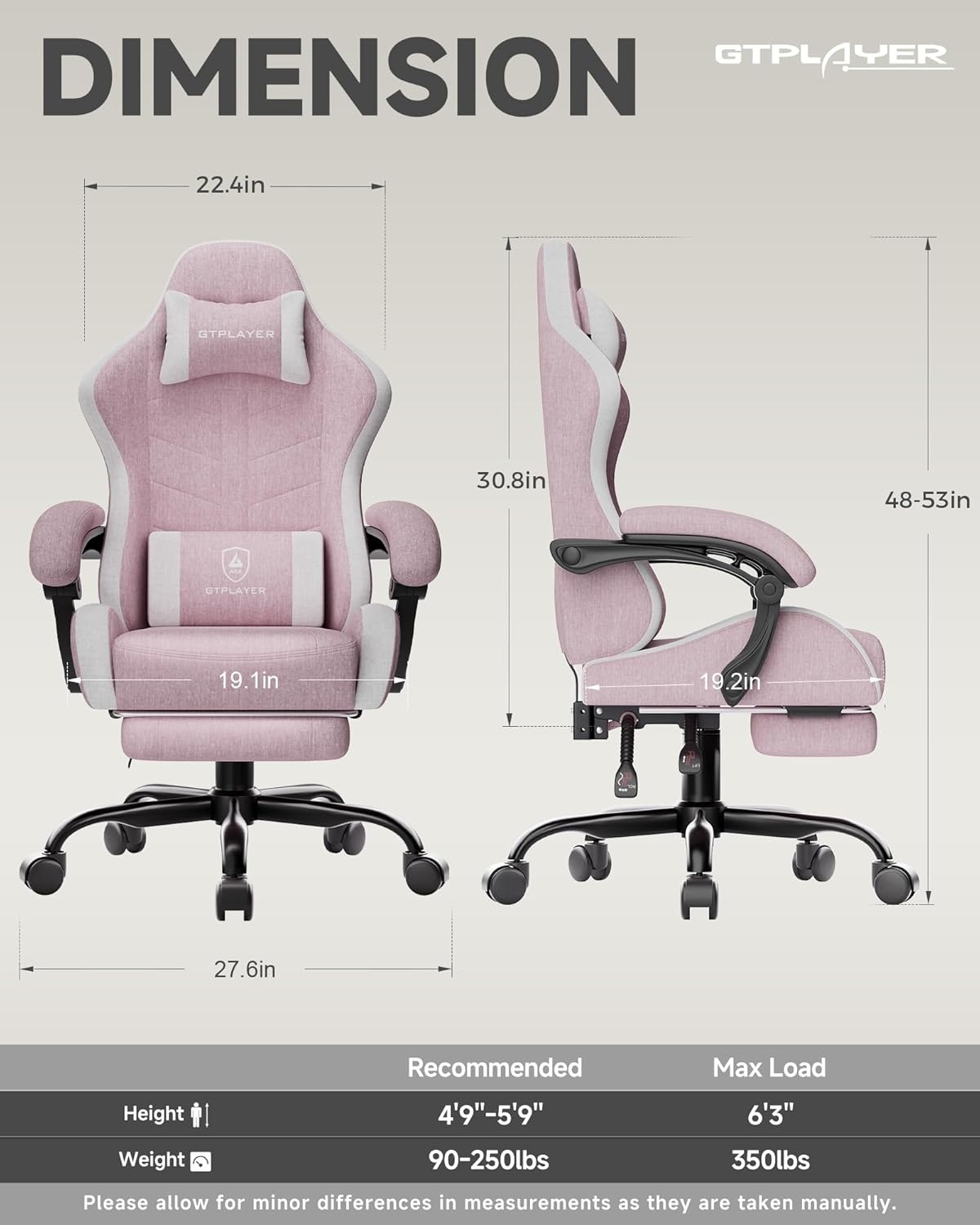 image:imageGTPLAYER RGB Gaming Chair with Footrest Computer Gaming Chair with LED Lights for Adults Height Adjustable PC Gamer Chair with 90155 Recline amp Removable Headrest Lumbar Support RGB Black9 Linen Fabric Pink