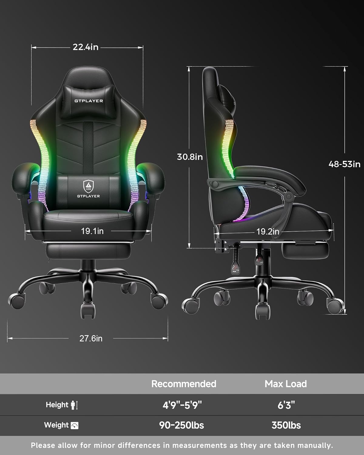 image:imageGTPLAYER RGB Gaming Chair with Footrest Computer Gaming Chair with LED Lights for Adults Height Adjustable PC Gamer Chair with 90155 Recline amp Removable Headrest Lumbar Support RGB Black10 Rgb Black