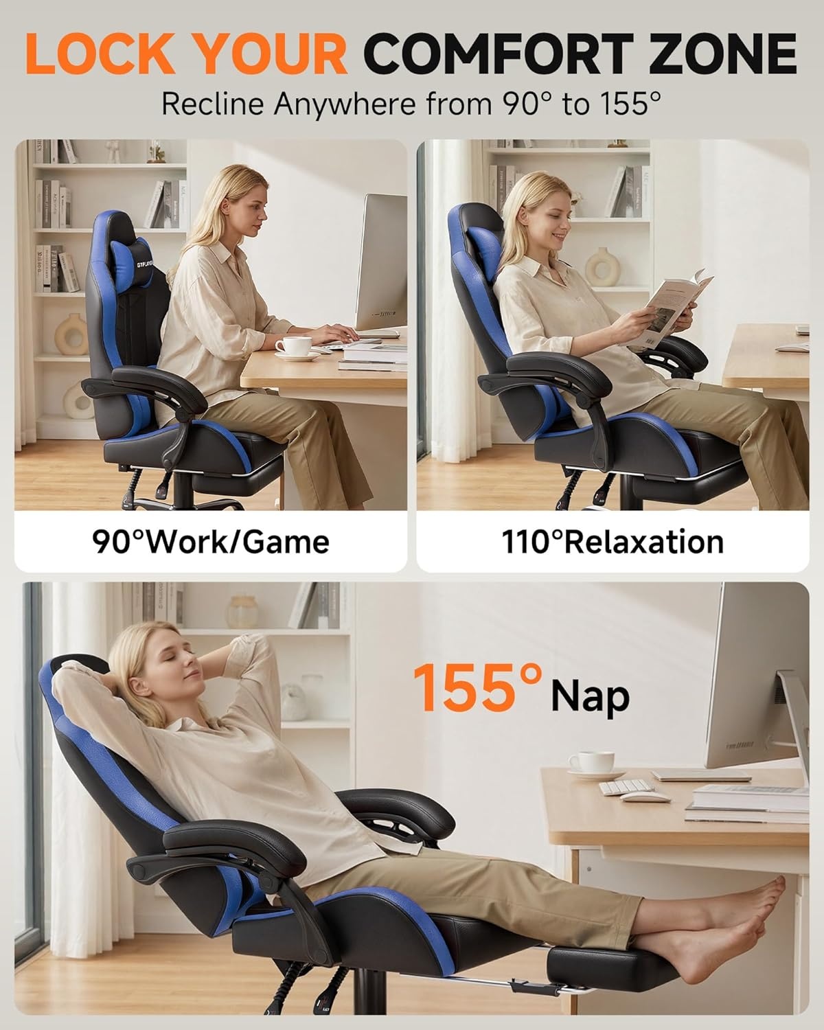 image:imageGTPLAYER RGB Gaming Chair with Footrest Computer Gaming Chair with LED Lights for Adults Height Adjustable PC Gamer Chair with 90155 Recline amp Removable Headrest Lumbar Support RGB Black13 Dark Blackblue