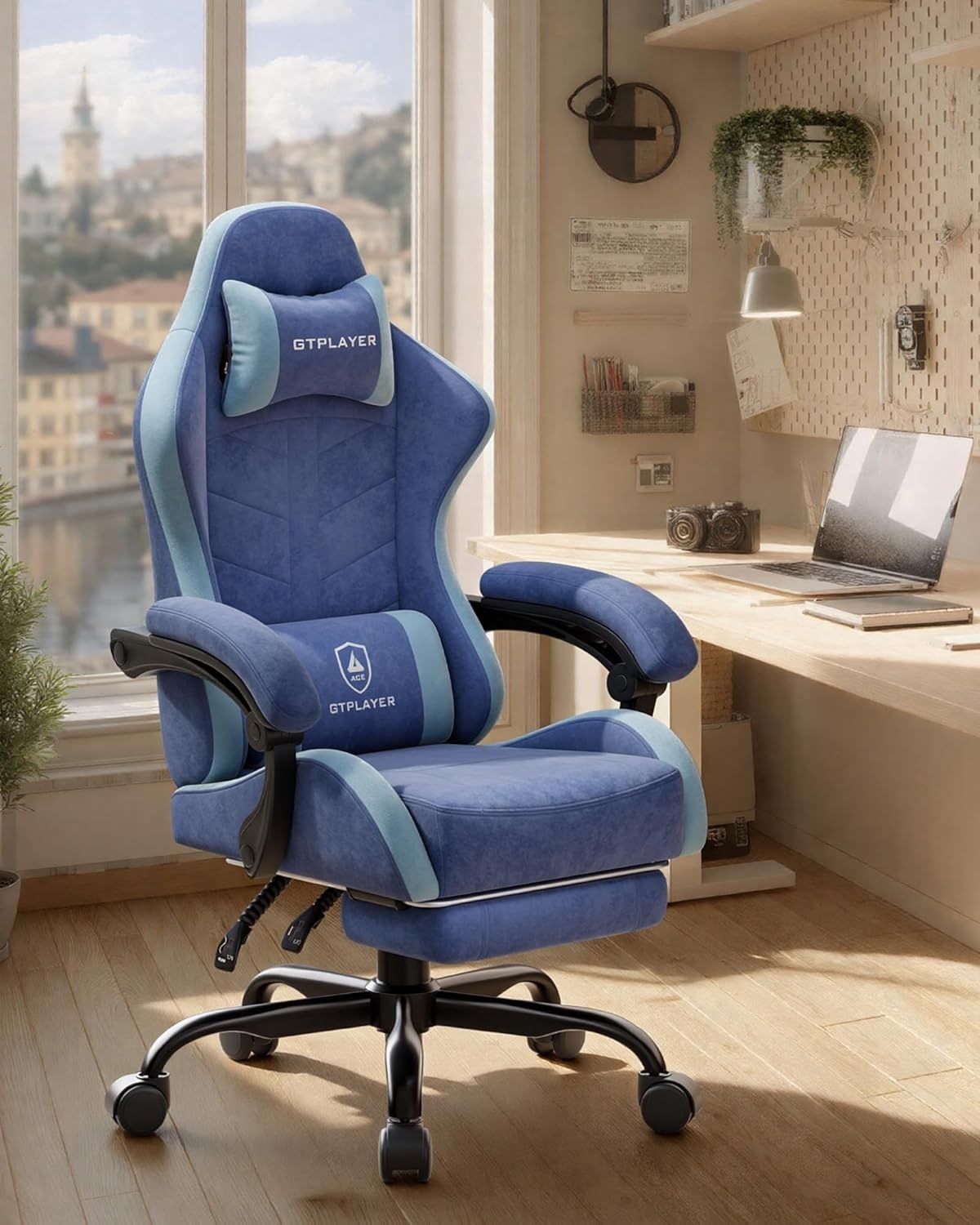 image:imageGTPLAYER RGB Gaming Chair with Footrest Computer Gaming Chair with LED Lights for Adults Height Adjustable PC Gamer Chair with 90155 Recline amp Removable Headrest Lumbar Support RGB Black7 Performance Fabric Blue