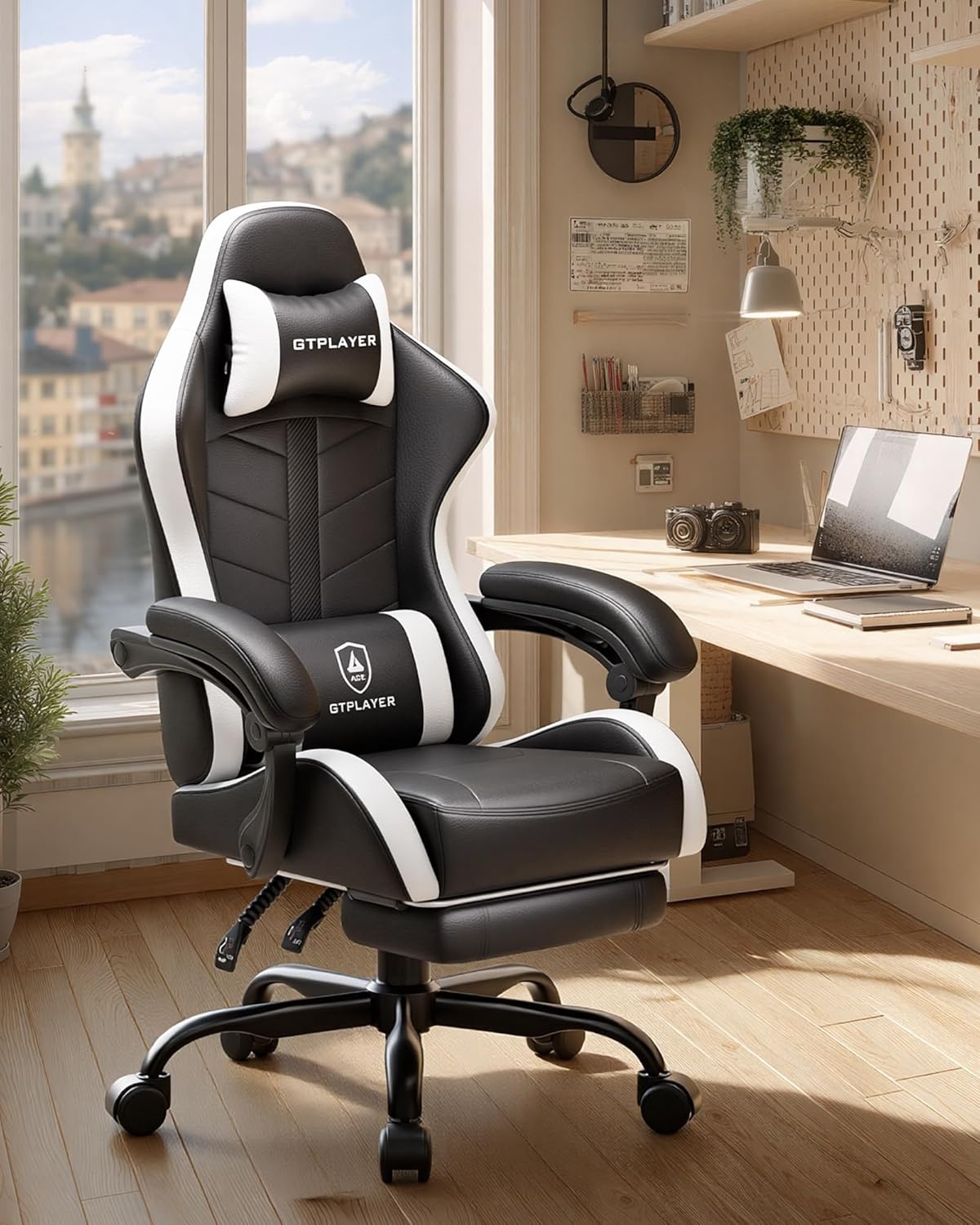 image:imageGTPLAYER RGB Gaming Chair with Footrest Computer Gaming Chair with LED Lights for Adults Height Adjustable PC Gamer Chair with 90155 Recline amp Removable Headrest Lumbar Support RGB Black11 Pearl White