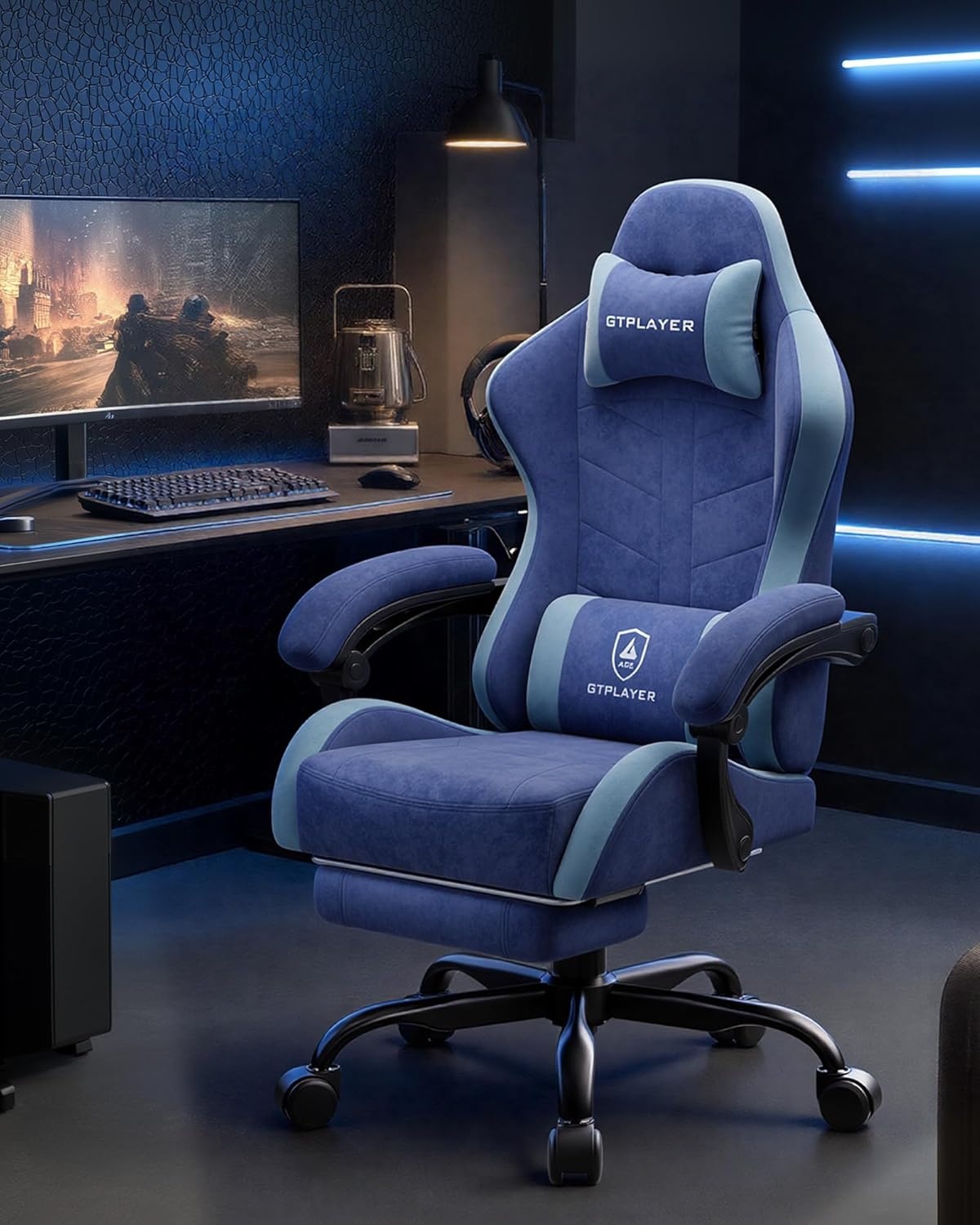 image:imageGTPLAYER RGB Gaming Chair with Footrest Computer Gaming Chair with LED Lights for Adults Height Adjustable PC Gamer Chair with 90155 Recline amp Removable Headrest Lumbar Support RGB Black7 Performance Fabric Blue