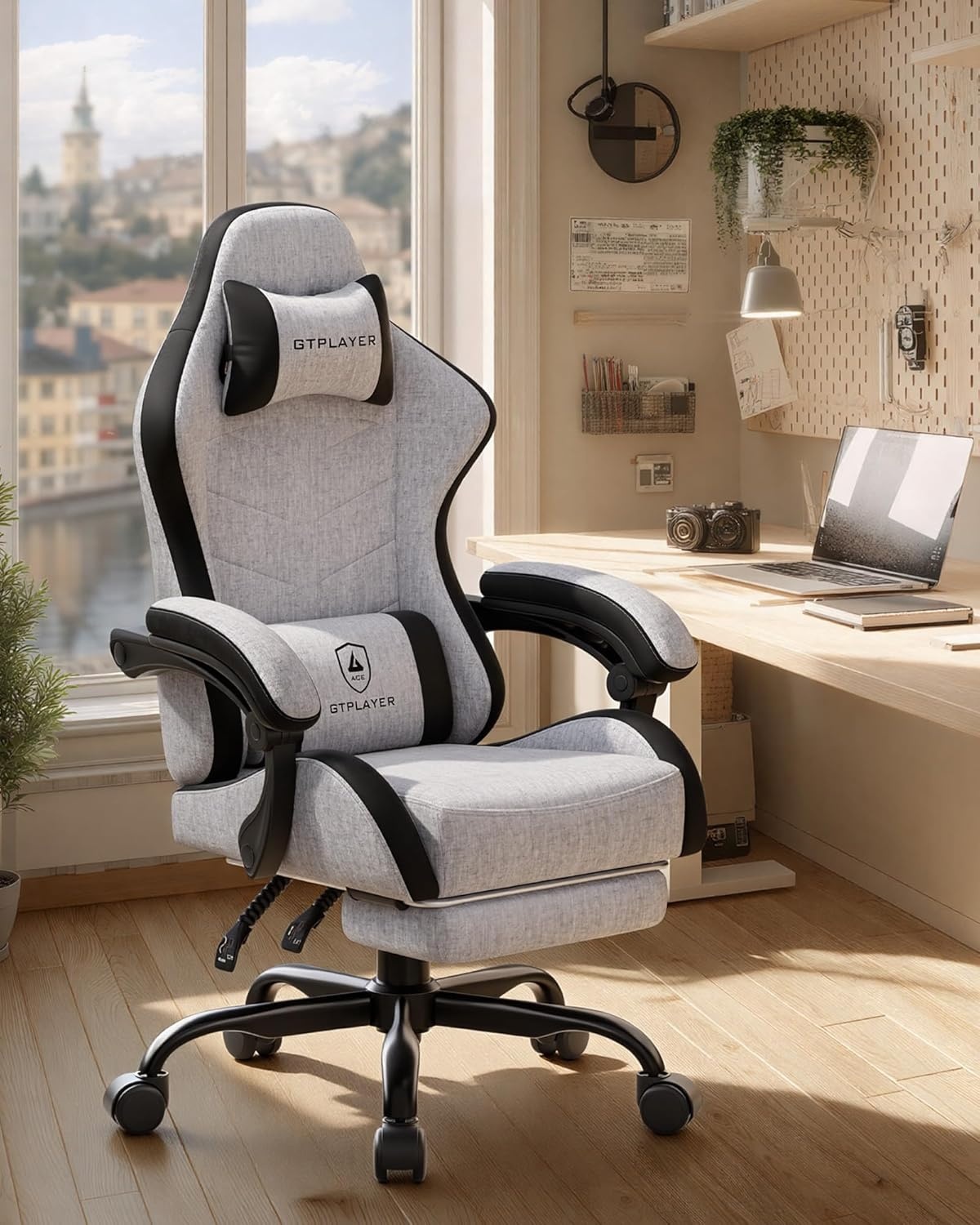 image:imageGTPLAYER RGB Gaming Chair with Footrest Computer Gaming Chair with LED Lights for Adults Height Adjustable PC Gamer Chair with 90155 Recline amp Removable Headrest Lumbar Support RGB Black8 Linen Fabric Grayblack