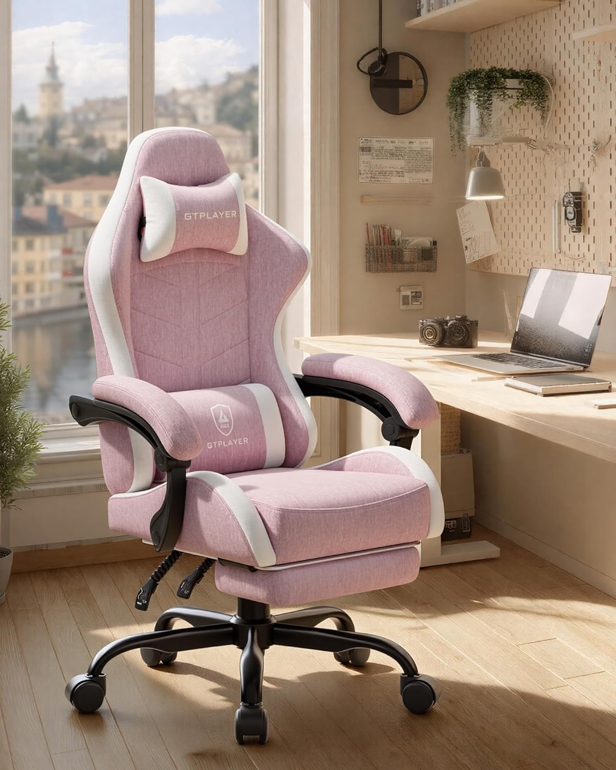 image:imageGTPLAYER RGB Gaming Chair with Footrest Computer Gaming Chair with LED Lights for Adults Height Adjustable PC Gamer Chair with 90155 Recline amp Removable Headrest Lumbar Support RGB Black9 Linen Fabric Pink