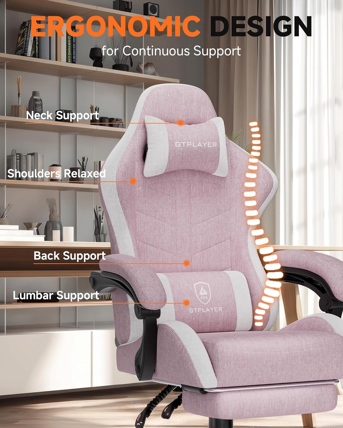 image:imageGTPLAYER RGB Gaming Chair with Footrest Computer Gaming Chair with LED Lights for Adults Height Adjustable PC Gamer Chair with 90155 Recline amp Removable Headrest Lumbar Support RGB Black9 Linen Fabric Pink