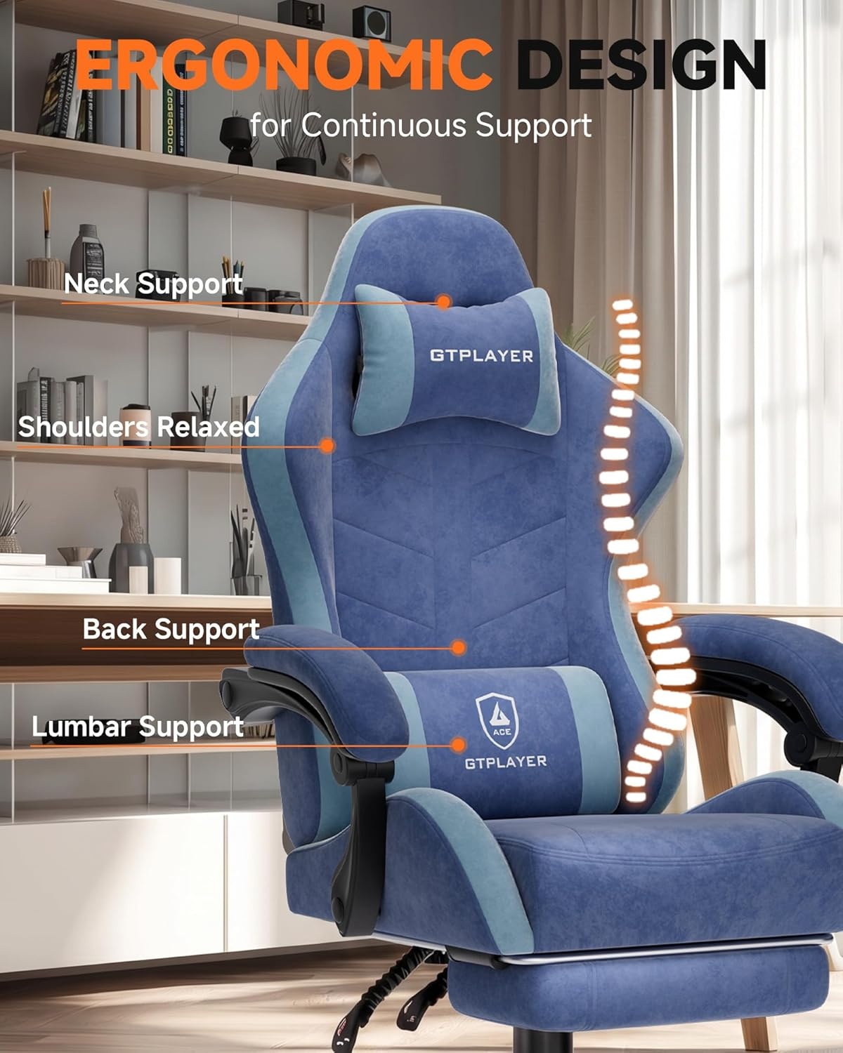 image:imageGTPLAYER RGB Gaming Chair with Footrest Computer Gaming Chair with LED Lights for Adults Height Adjustable PC Gamer Chair with 90155 Recline amp Removable Headrest Lumbar Support RGB Black7 Performance Fabric Blue
