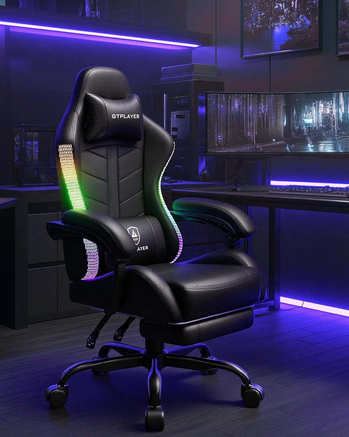 image:imageGTPLAYER RGB Gaming Chair with Footrest Computer Gaming Chair with LED Lights for Adults Height Adjustable PC Gamer Chair with 90155 Recline amp Removable Headrest Lumbar Support RGB Black10 Rgb Black