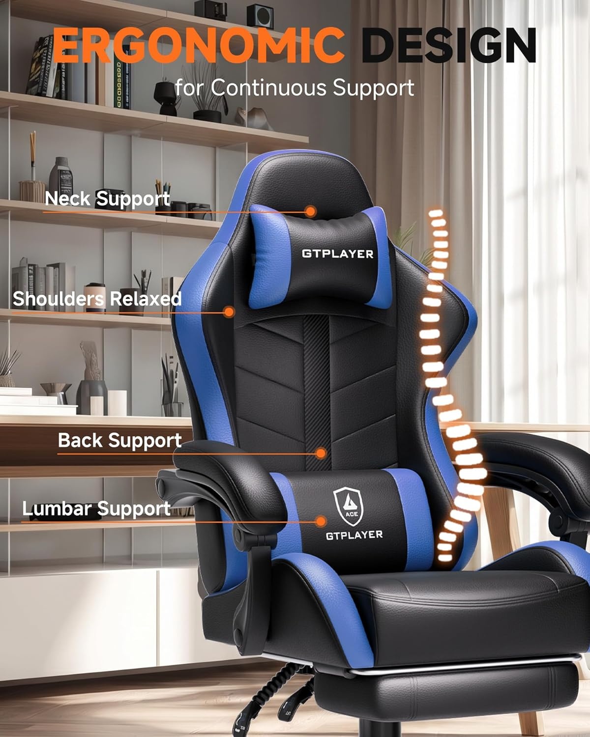 image:imageGTPLAYER RGB Gaming Chair with Footrest Computer Gaming Chair with LED Lights for Adults Height Adjustable PC Gamer Chair with 90155 Recline amp Removable Headrest Lumbar Support RGB Black13 Dark Blackblue