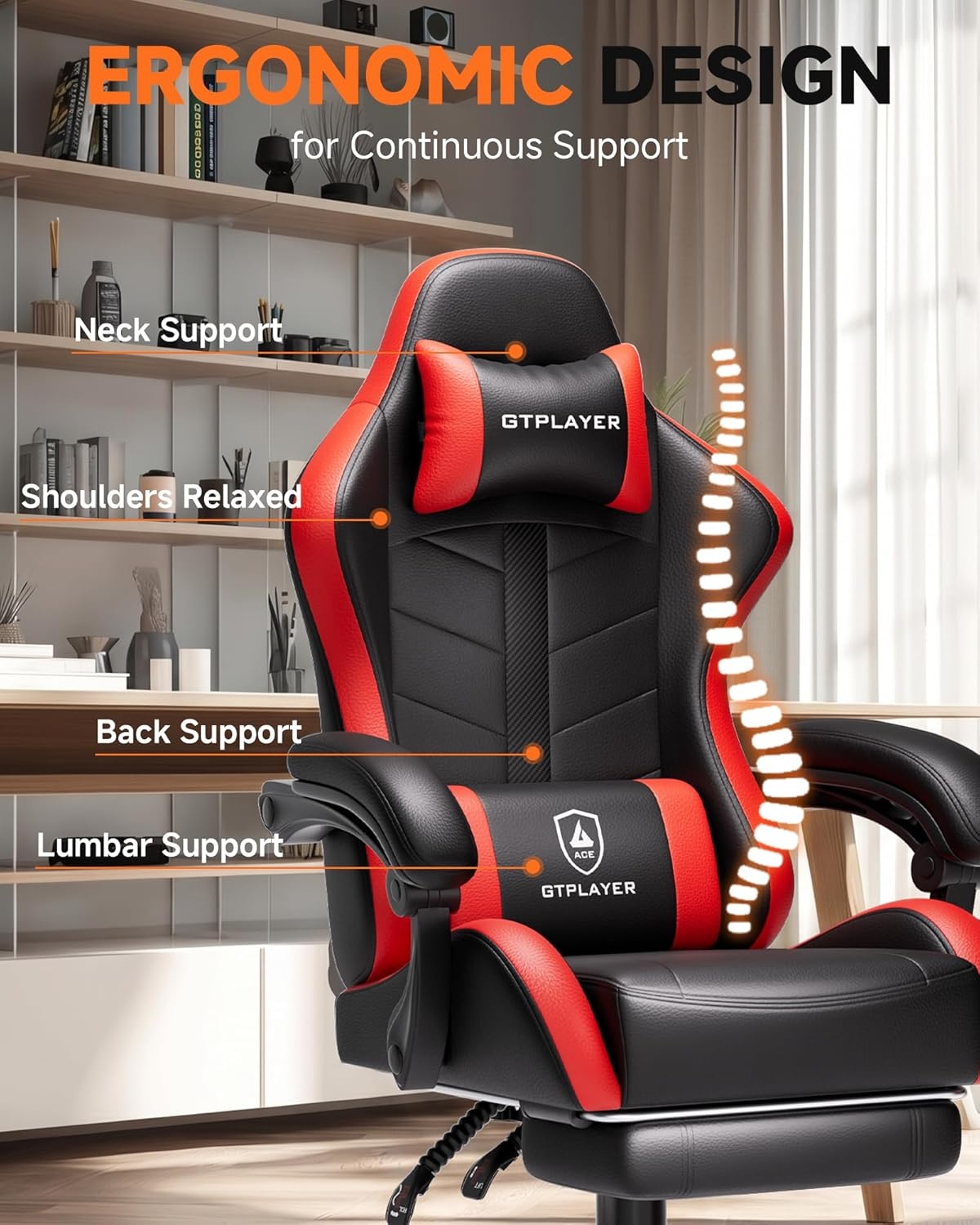 image:imageGTPLAYER RGB Gaming Chair with Footrest Computer Gaming Chair with LED Lights for Adults Height Adjustable PC Gamer Chair with 90155 Recline amp Removable Headrest Lumbar Support RGB Black4 Redblack