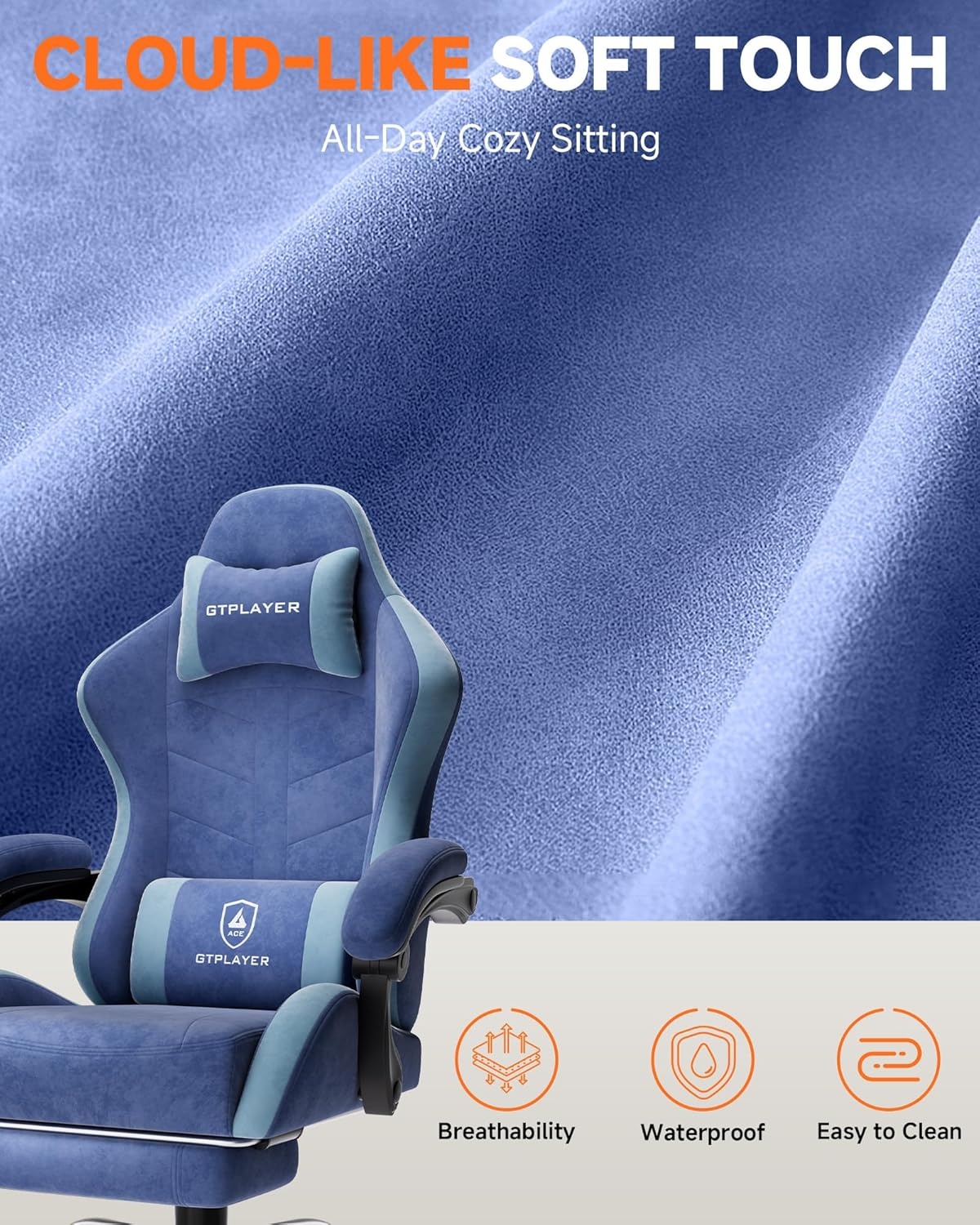 image:imageGTPLAYER RGB Gaming Chair with Footrest Computer Gaming Chair with LED Lights for Adults Height Adjustable PC Gamer Chair with 90155 Recline amp Removable Headrest Lumbar Support RGB Black7 Performance Fabric Blue