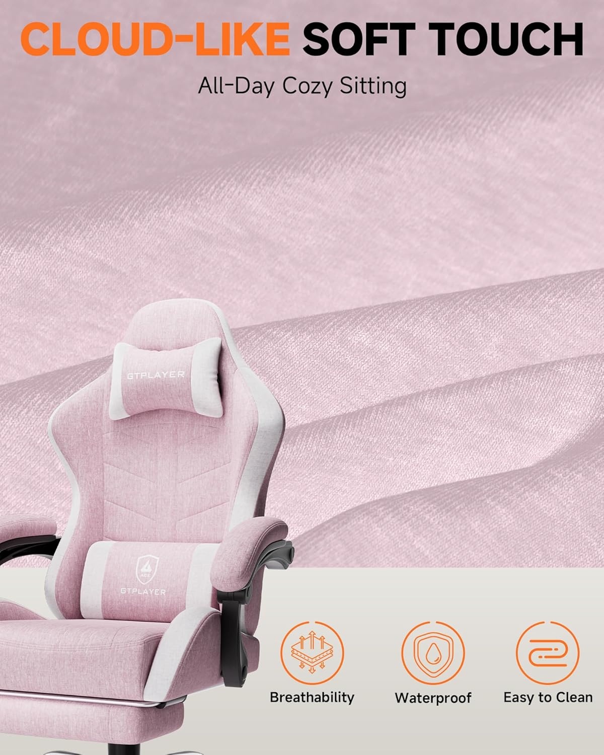 image:imageGTPLAYER RGB Gaming Chair with Footrest Computer Gaming Chair with LED Lights for Adults Height Adjustable PC Gamer Chair with 90155 Recline amp Removable Headrest Lumbar Support RGB Black9 Linen Fabric Pink
