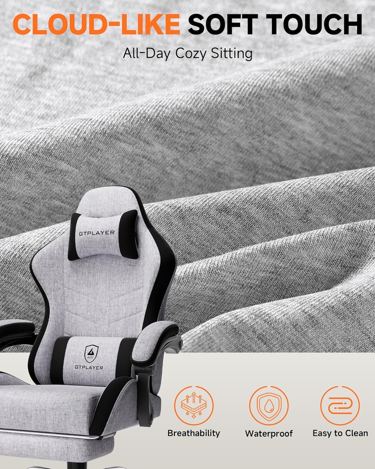 image:imageGTPLAYER RGB Gaming Chair with Footrest Computer Gaming Chair with LED Lights for Adults Height Adjustable PC Gamer Chair with 90155 Recline amp Removable Headrest Lumbar Support RGB Black8 Linen Fabric Grayblack