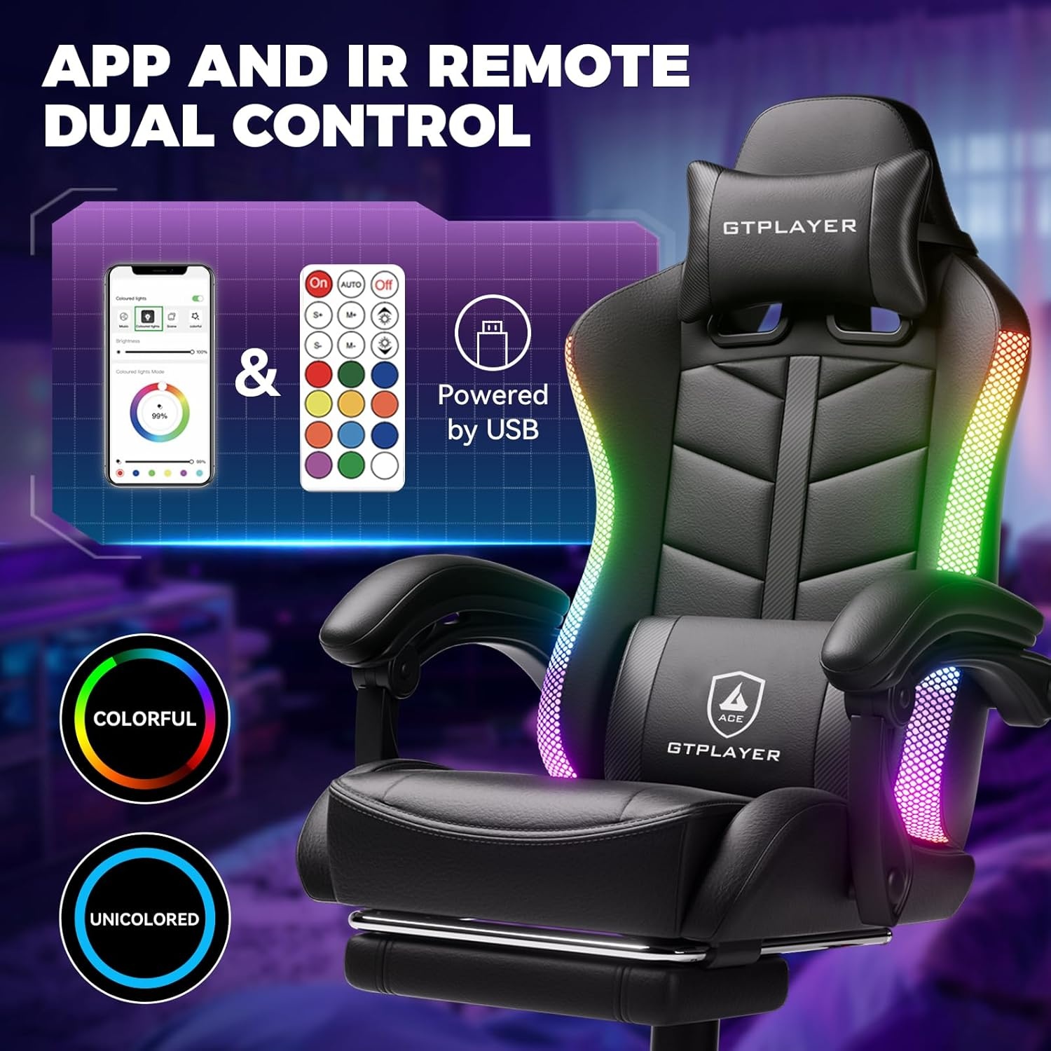 image:imageGTPLAYER RGB Gaming Chair with Footrest Computer Gaming Chair with LED Lights for Adults Height Adjustable PC Gamer Chair with 90155 Recline amp Removable Headrest Lumbar Support RGB Black10 Rgb Black
