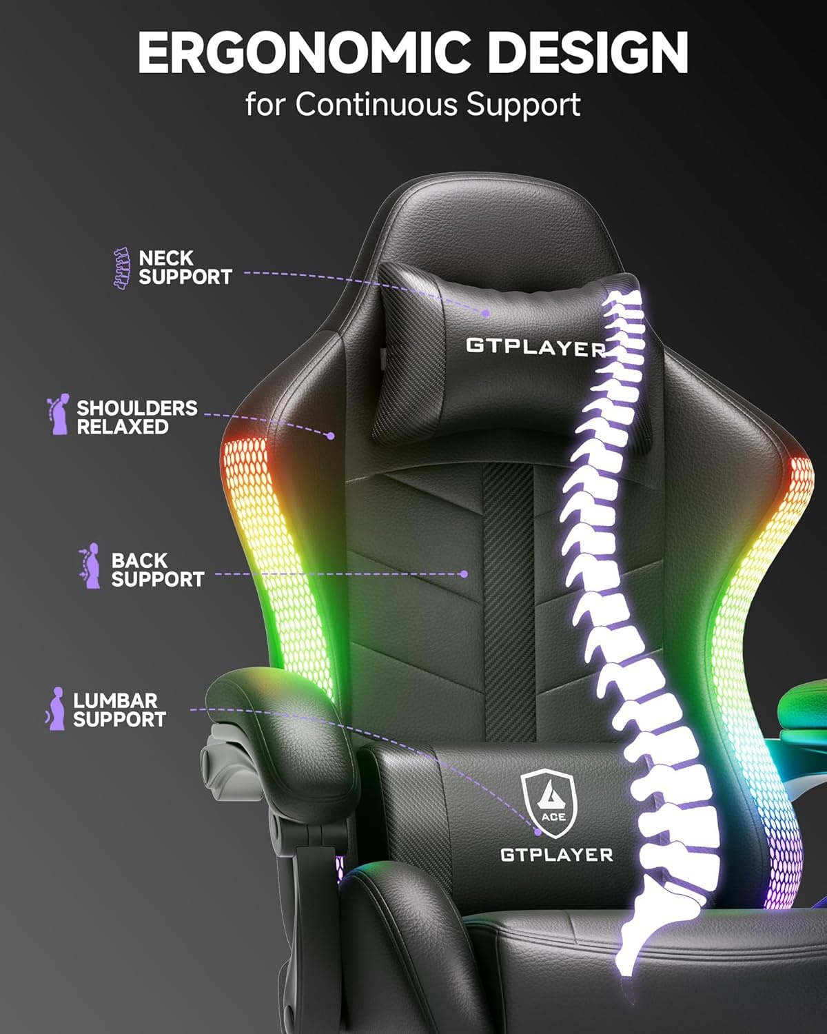 image:imageGTPLAYER RGB Gaming Chair with Footrest Computer Gaming Chair with LED Lights for Adults Height Adjustable PC Gamer Chair with 90155 Recline amp Removable Headrest Lumbar Support RGB Black10 Rgb Black