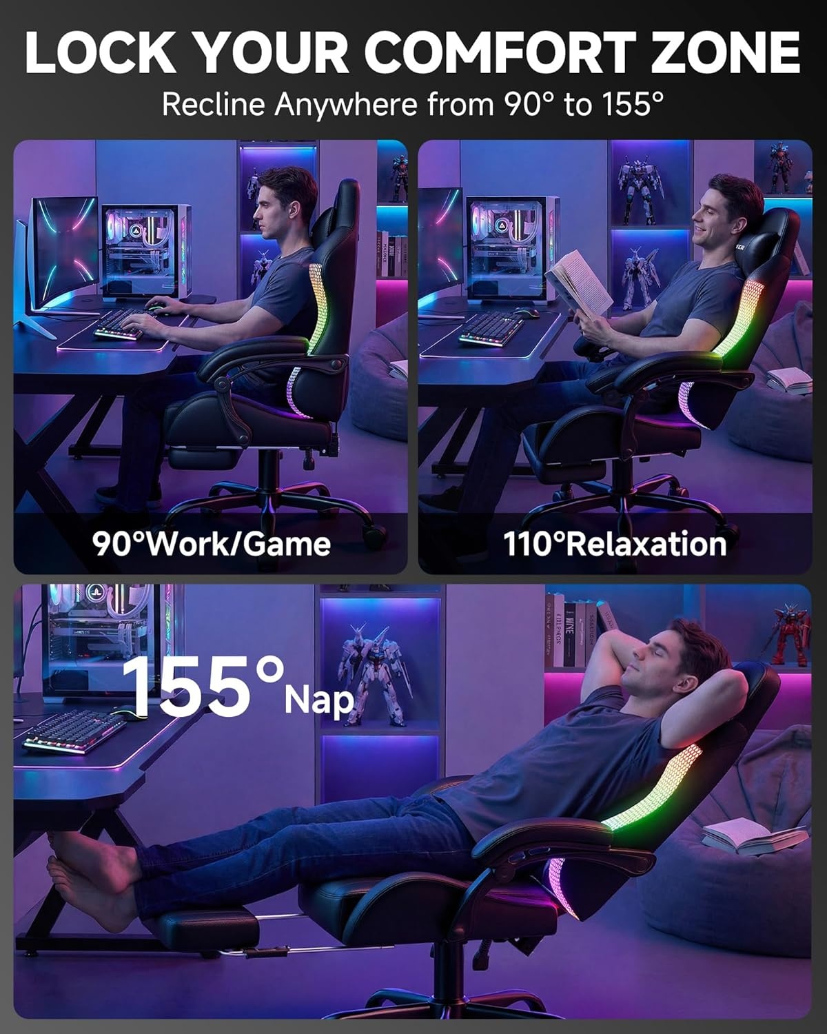 image:imageGTPLAYER RGB Gaming Chair with Footrest Computer Gaming Chair with LED Lights for Adults Height Adjustable PC Gamer Chair with 90155 Recline amp Removable Headrest Lumbar Support RGB Black10 Rgb Black