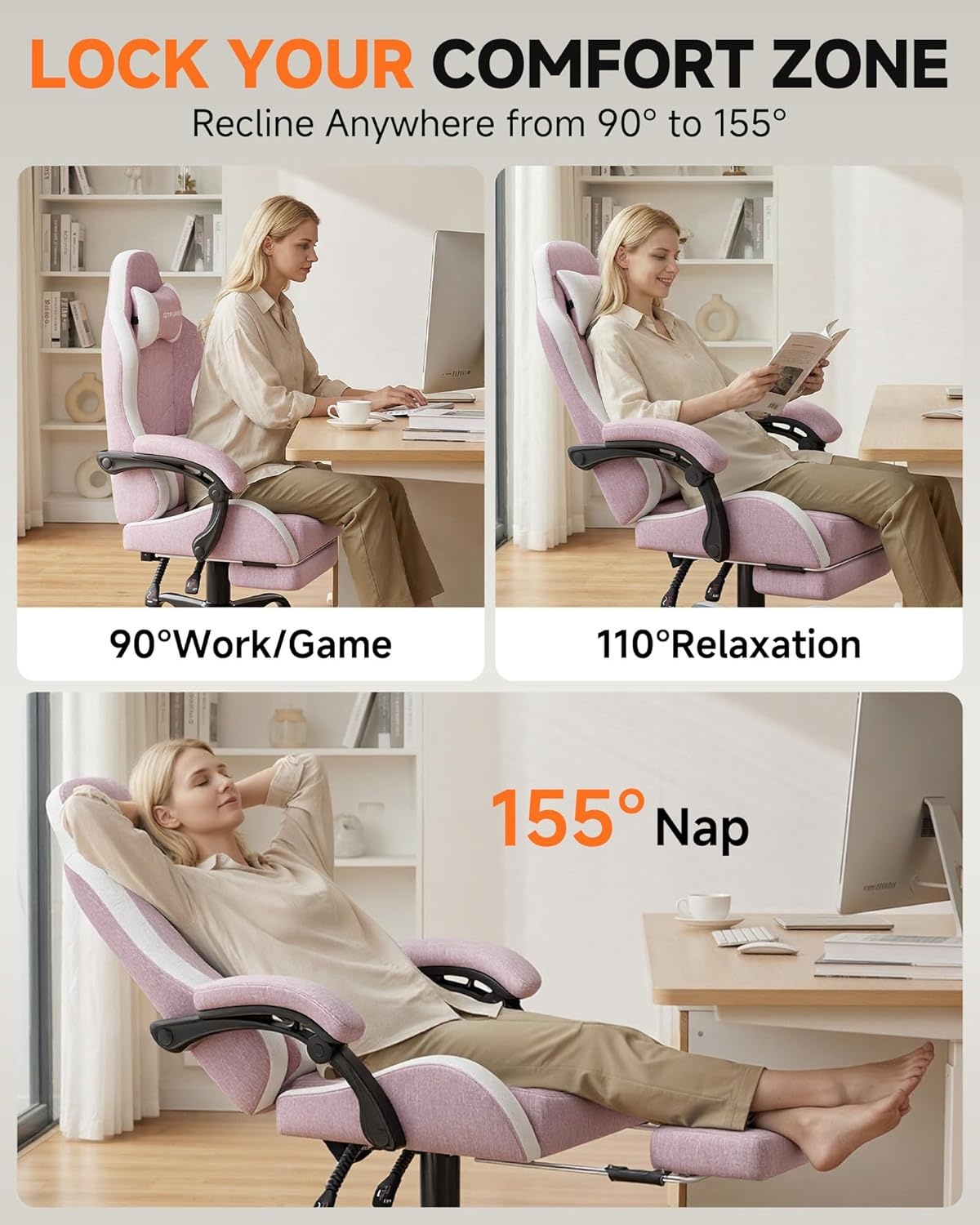 image:imageGTPLAYER RGB Gaming Chair with Footrest Computer Gaming Chair with LED Lights for Adults Height Adjustable PC Gamer Chair with 90155 Recline amp Removable Headrest Lumbar Support RGB Black9 Linen Fabric Pink