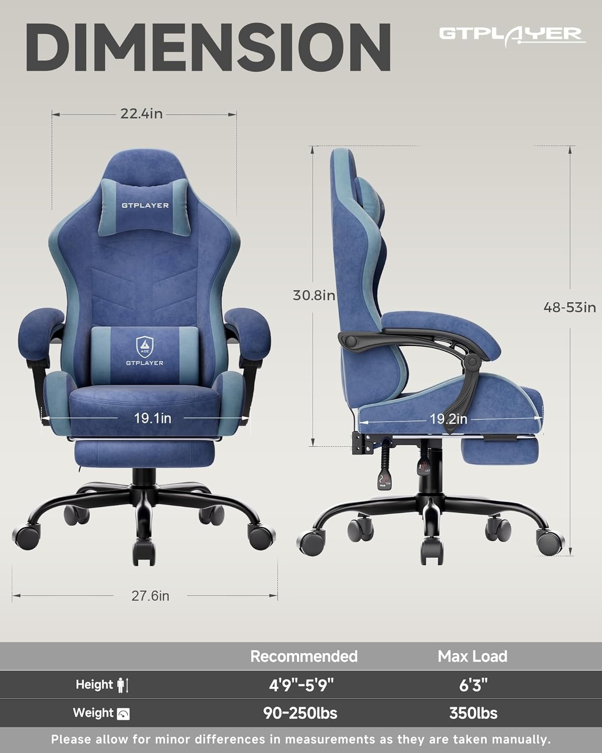 image:imageGTPLAYER RGB Gaming Chair with Footrest Computer Gaming Chair with LED Lights for Adults Height Adjustable PC Gamer Chair with 90155 Recline amp Removable Headrest Lumbar Support RGB Black7 Performance Fabric Blue