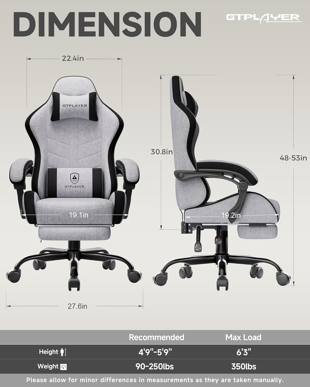 image:imageGTPLAYER RGB Gaming Chair with Footrest Computer Gaming Chair with LED Lights for Adults Height Adjustable PC Gamer Chair with 90155 Recline amp Removable Headrest Lumbar Support RGB Black8 Linen Fabric Grayblack