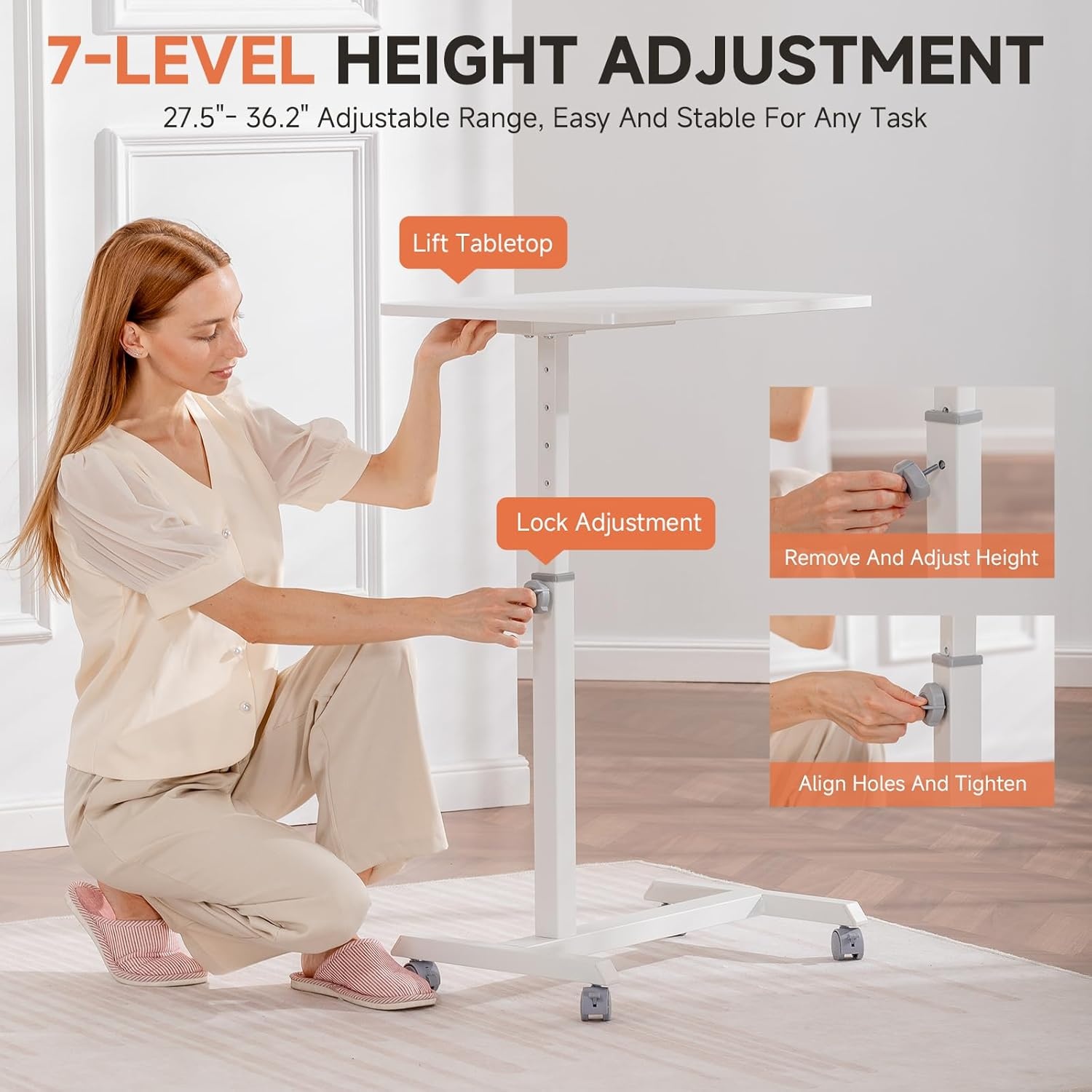 image:imageGTPLAYER Small Standing Desk 24 Inches Foldable Mobile Rolling Laptop PC Table with Lockable Casters Adjustable Height Overbed Bedside Table Computer Workstation for Home Office WalnutFoldableWhitefixed