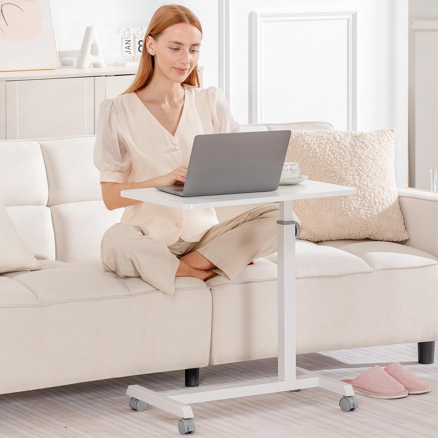 image:imageGTPLAYER Small Standing Desk 24 Inches Foldable Mobile Rolling Laptop PC Table with Lockable Casters Adjustable Height Overbed Bedside Table Computer Workstation for Home Office WalnutFoldableWhitefixed